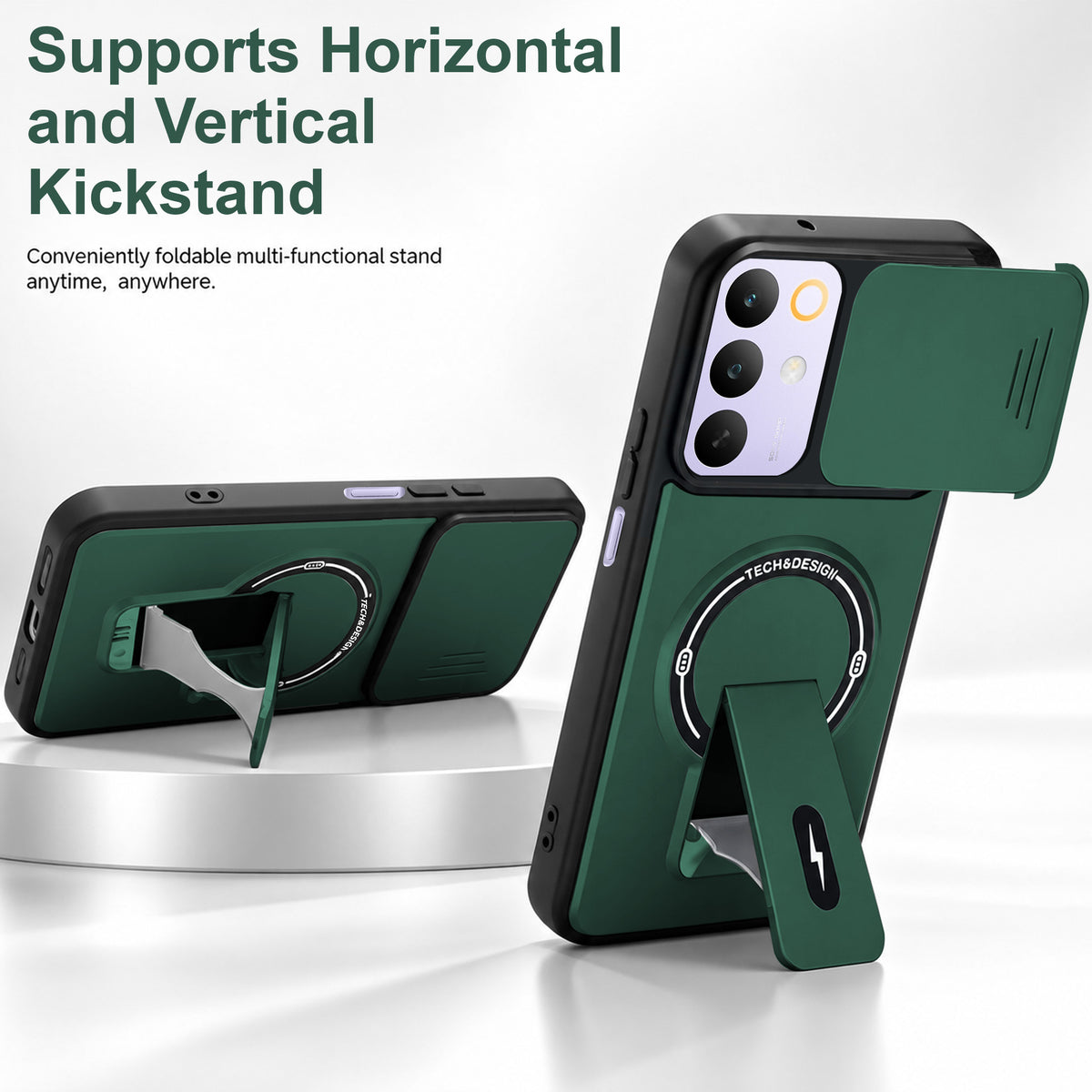 For Realme C85 5G | Realme Narzo 90x Back Case Cover Metallic (Hybrid Armor Kickstand | Sliding Shutter Camera Protection | MagSafe Compatible)