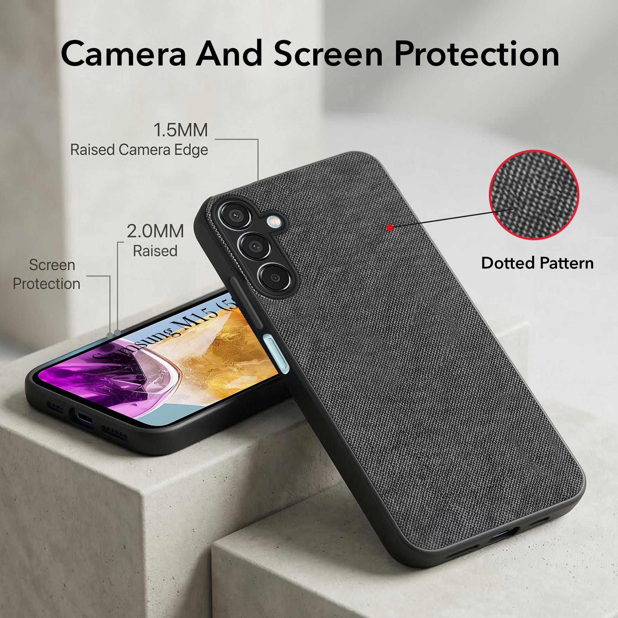 For Samsung Galaxy M15 5G Combo with Back Cover and 9H Tempered Glass (Textured Grip Design | Micro-Fiber Cloth Inside | Oleophobic Coating Screen Glass)
