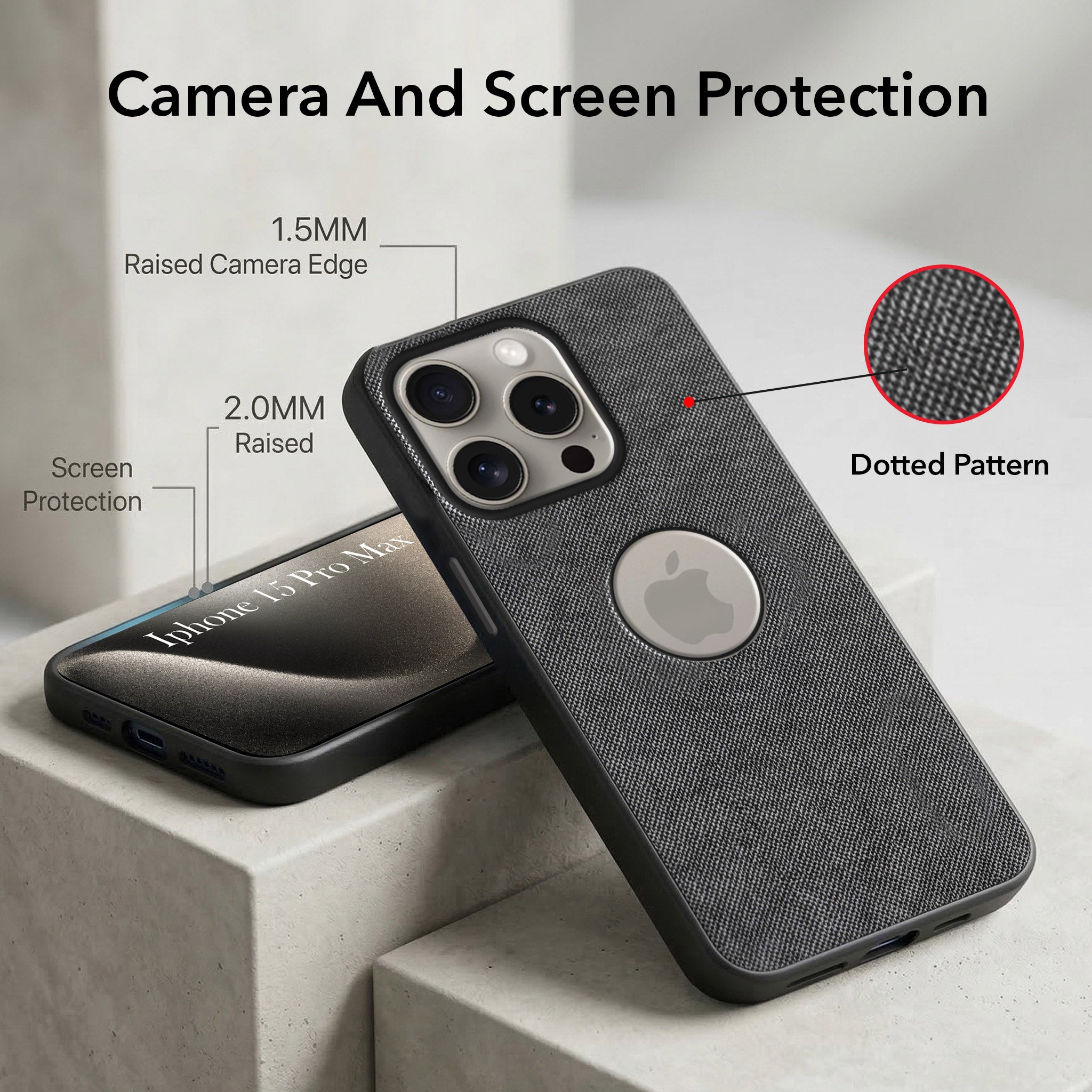 For Apple iPhone 15 Pro Max Combo (Textured Grip Design | Micro-Fiber Cloth Inside | Oleophobic Coating Screen Glass)