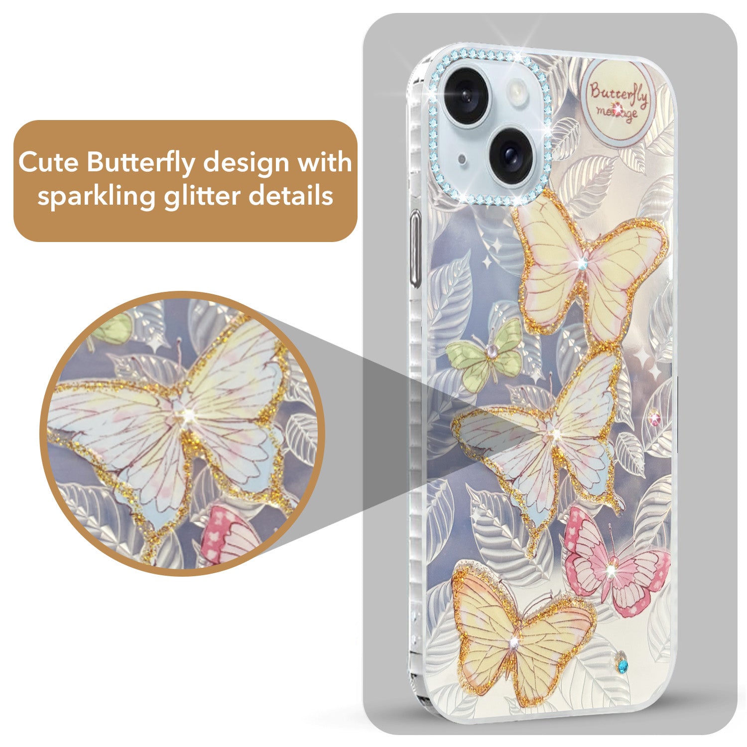 For Apple iPhone 15 Back Cover Case (Luxury Floral Glitter Cute Butterfly | Diamond Studded Camera Bump | Girls & Women Design)