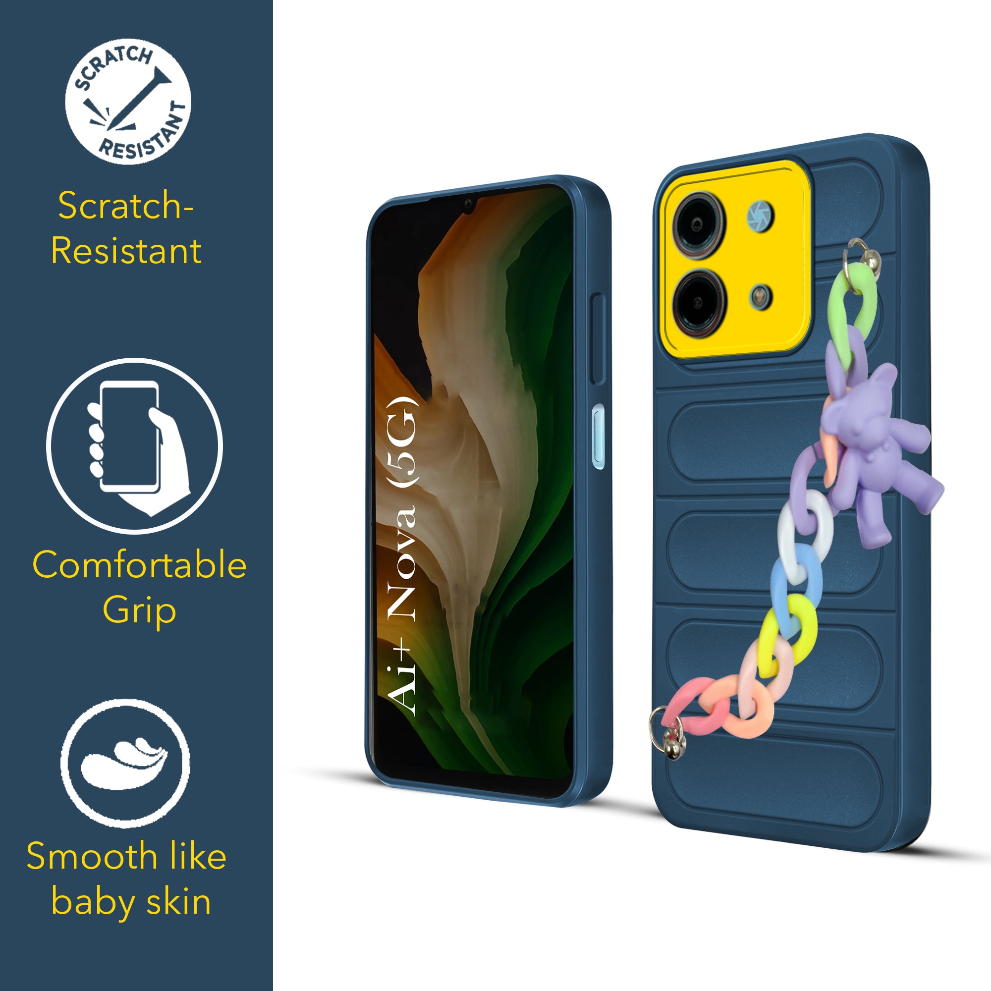 For Ai+ Nova 5G Back Cover Case (Wrist Hanging Chain | Teddy Bracelet Charms | Matte Liquid Silicone | Camera Protection Ring)