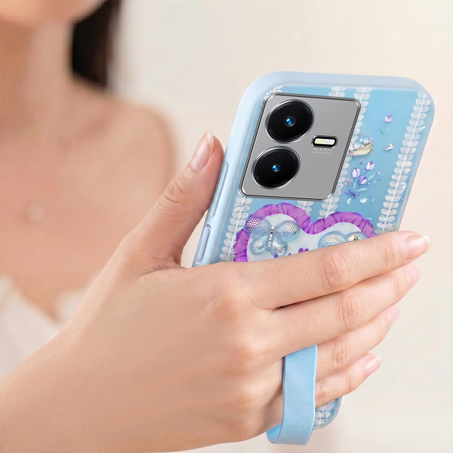 For Vivo Y22 | Vivo Y22s Back Cover Case (3D Cute Heart Strap Holder | Camera Protection | Designer Girls Print)