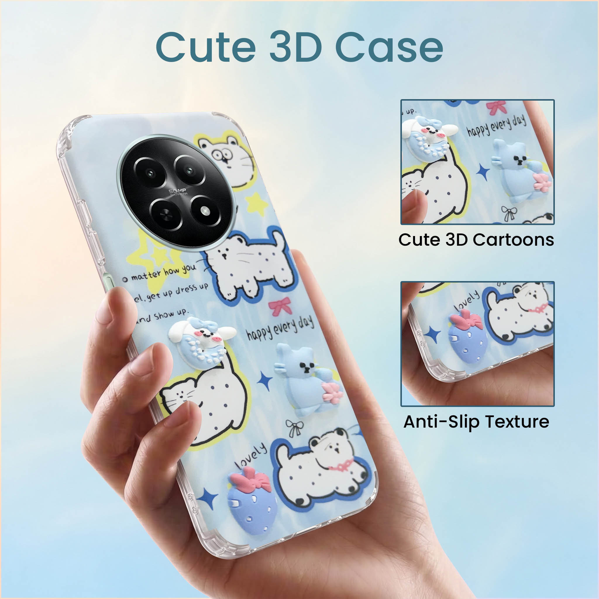 For Realme 12 | Realme 12X Back Cover Case (3D Cute Cartoons | Hard Back Side Soft | Matte Premium Finish | HD Printing)