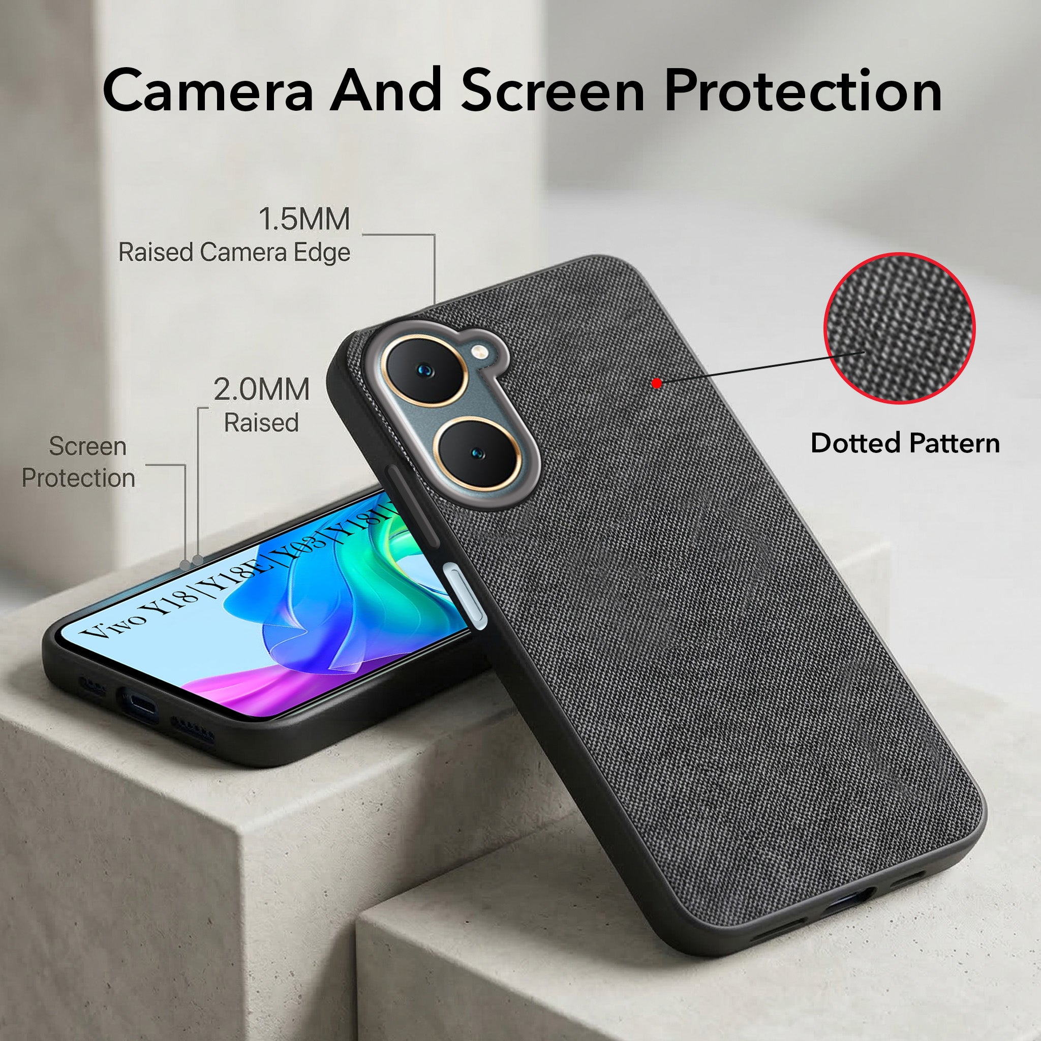 For Vivo Y18 | Y18e | Y03 | Y18i | Y18t Combo (Textured Grip Design | Micro-Fiber Cloth Inside | Oleophobic Coating Screen Glass)
