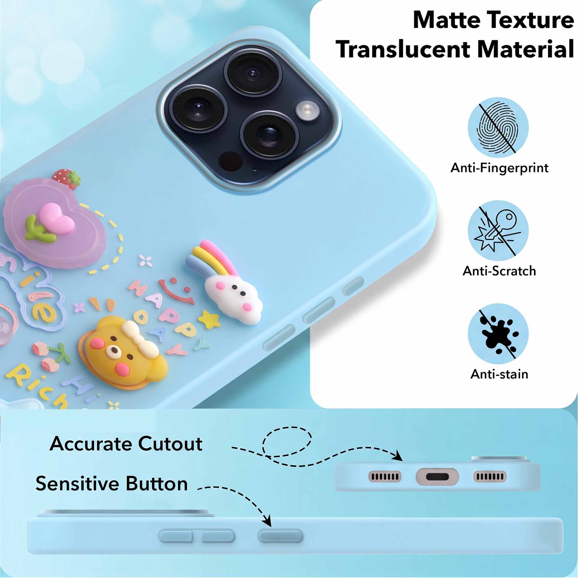 For Apple iPhone 15 Pro Max Back Cover Case (3D Cute Cartoons | Hard Back Side Soft | Matte Premium Finish | HD Printing)