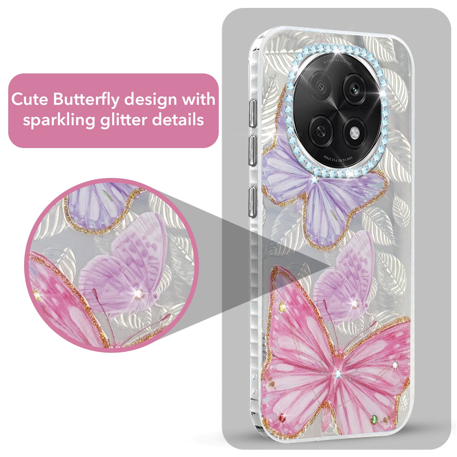 For Oppo F29 Pro Back Cover Case  (Luxury Floral Glitter Cute Butterfly | Diamond Studded Camera Bump | Girls & Women Design)