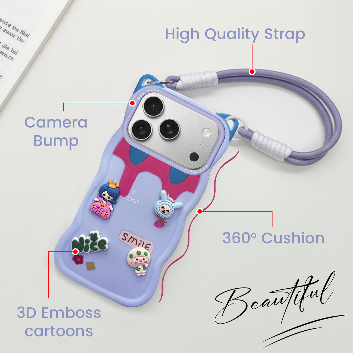 For Apple iPhone 18 Pro Back Case Cover Strap (3D Embossed Figures | Strap Holder | 360* Soft Cushion with Camera Bump)