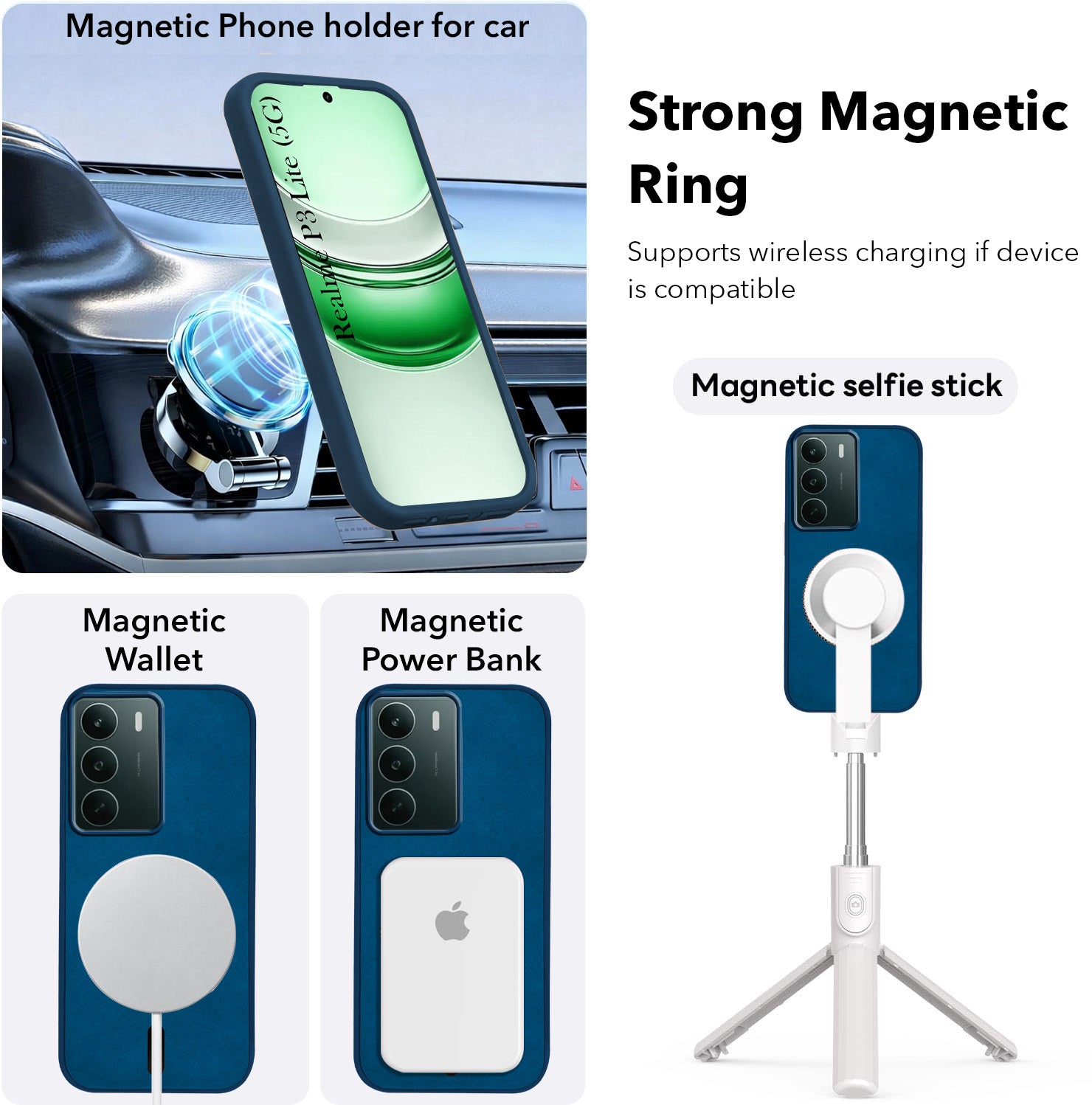For Realme P3 lite Back Cover Case Leather Finish (MagSafe Compatible Wireless Charging | Soft Touch | Camera Bump Protection)
