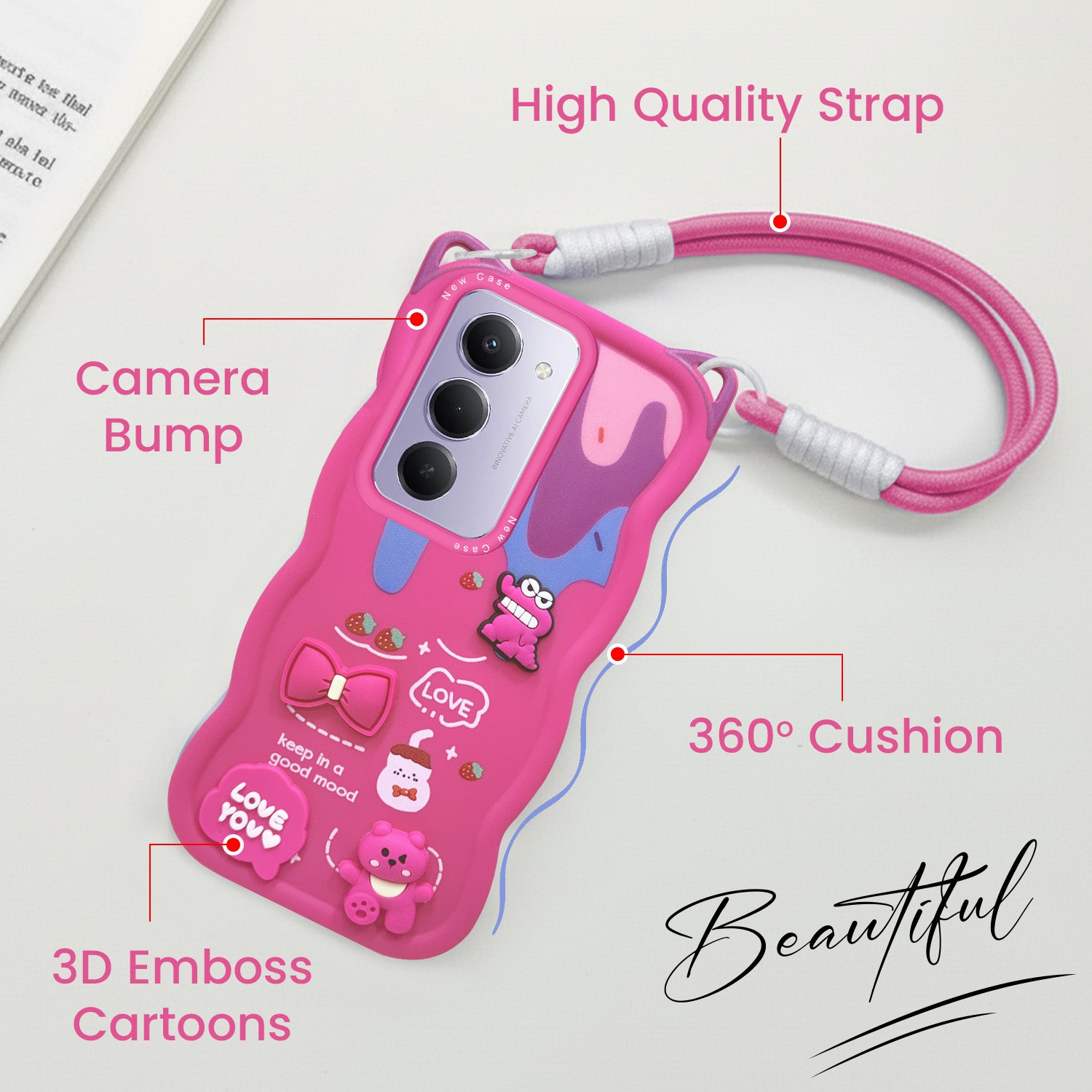 For Redmi 15 Back Case Cover Strap (3D Embossed Figures | Strap Holder | 360* Soft Cushion with Camera Bump)