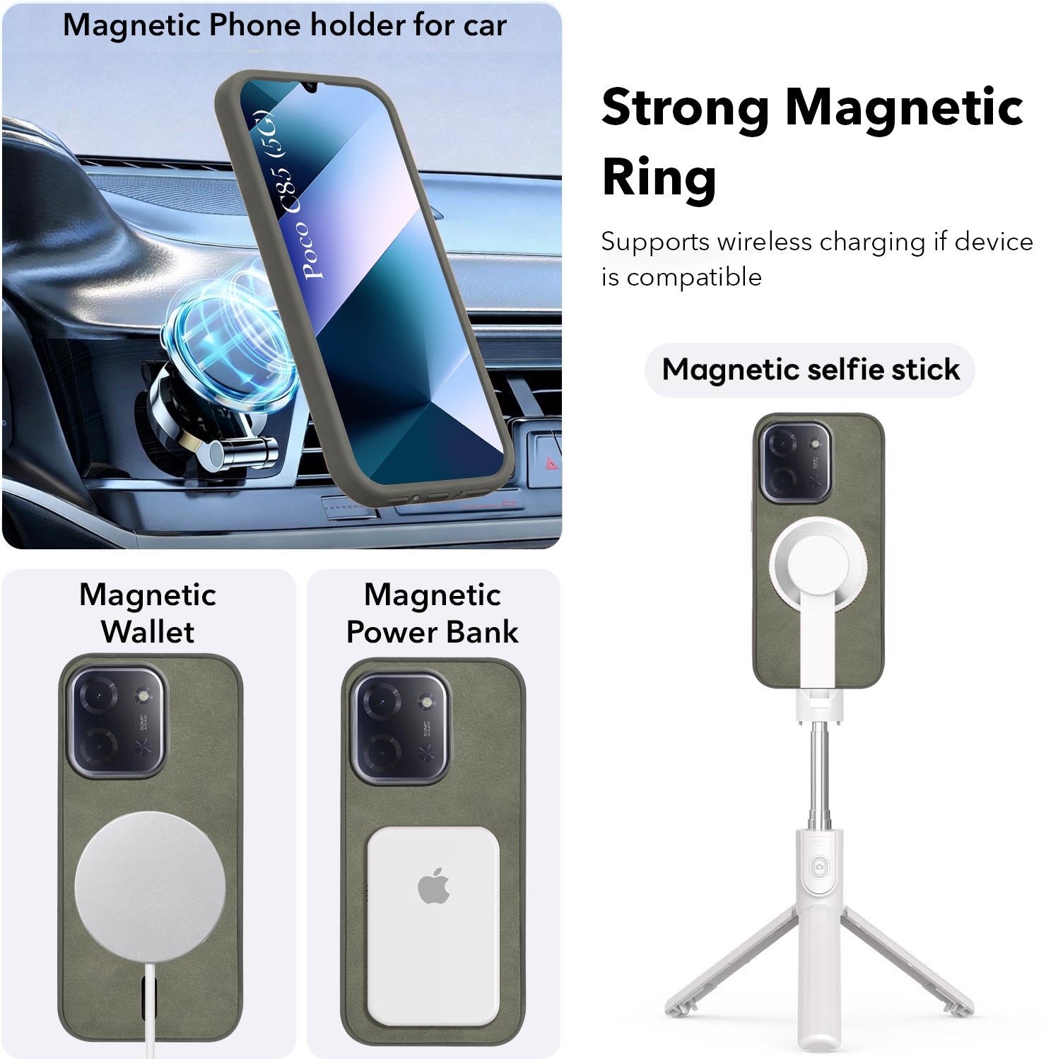 For Poco C85 5G Back Cover Case Leather Finish  (MagSafe Compatible Wireless Charging | Soft Touch | Camera Bump Protection)