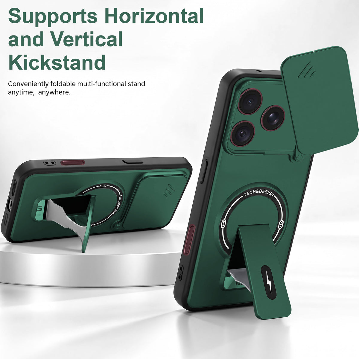 For Apple iPhone 18 Pro Max Back Case Cover Metallic (Hybrid Armor Kickstand | Sliding Shutter Camera Protection | MagSafe Compatible)