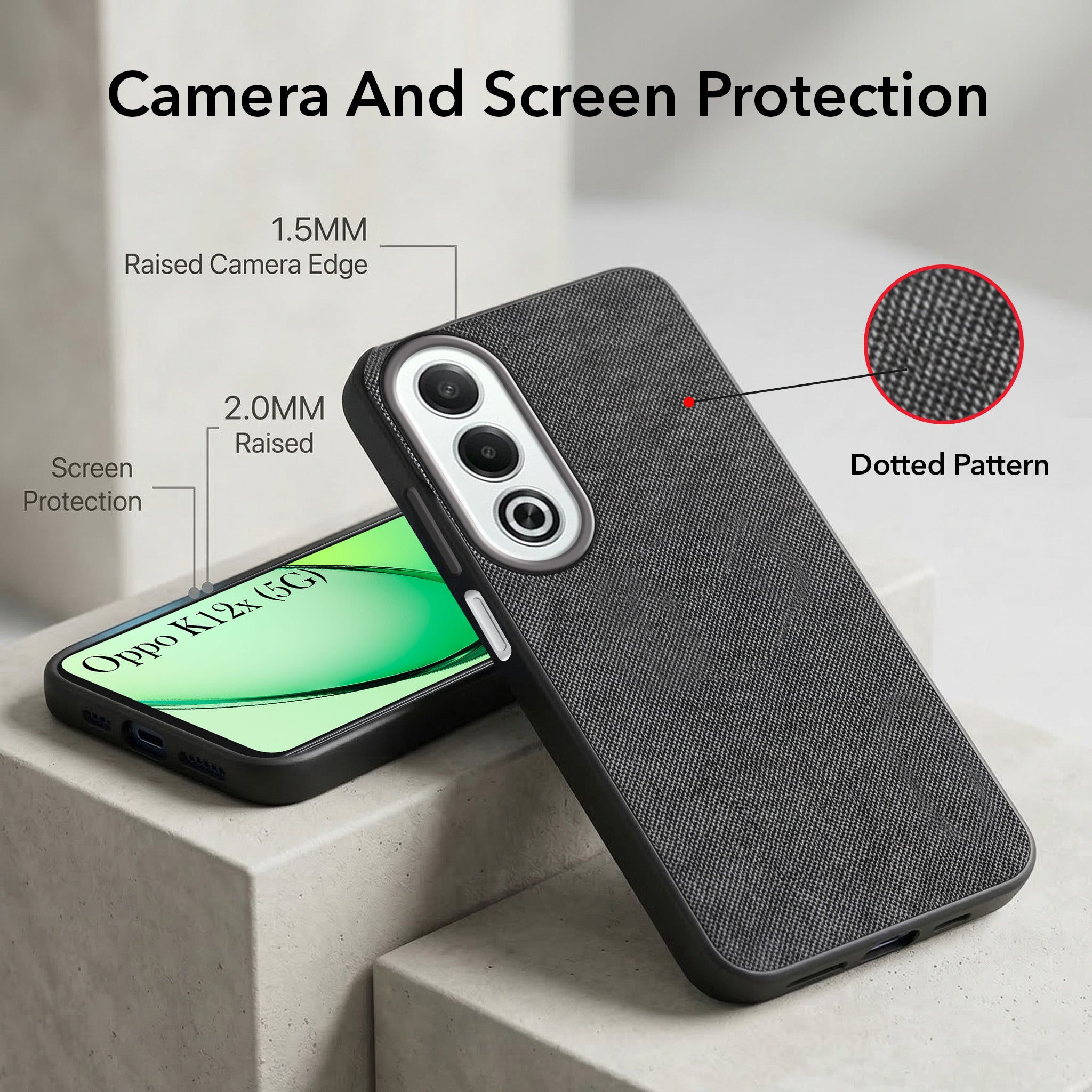For Oppo K12x 5G Combo with Back Cover and 9H Tempered Glass (Textured Grip Design | Micro-Fiber Cloth Inside | Oleophobic Coating Screen Glass)