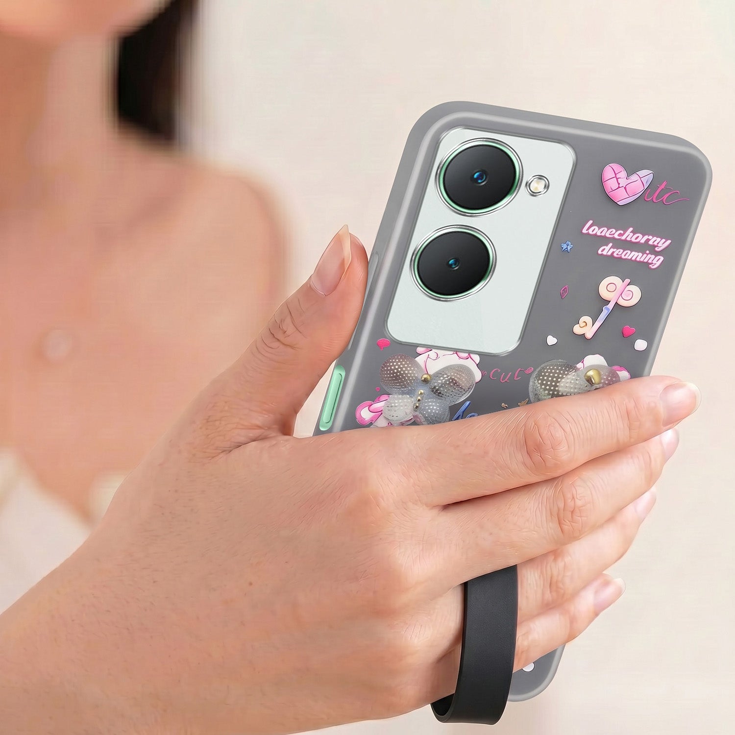 For Vivo Y18 | Y18e | Y03 | Y18i | Y18t Back Cover Case (3D Cute Heart Strap Holder | Camera Protection | Designer Girls Print)