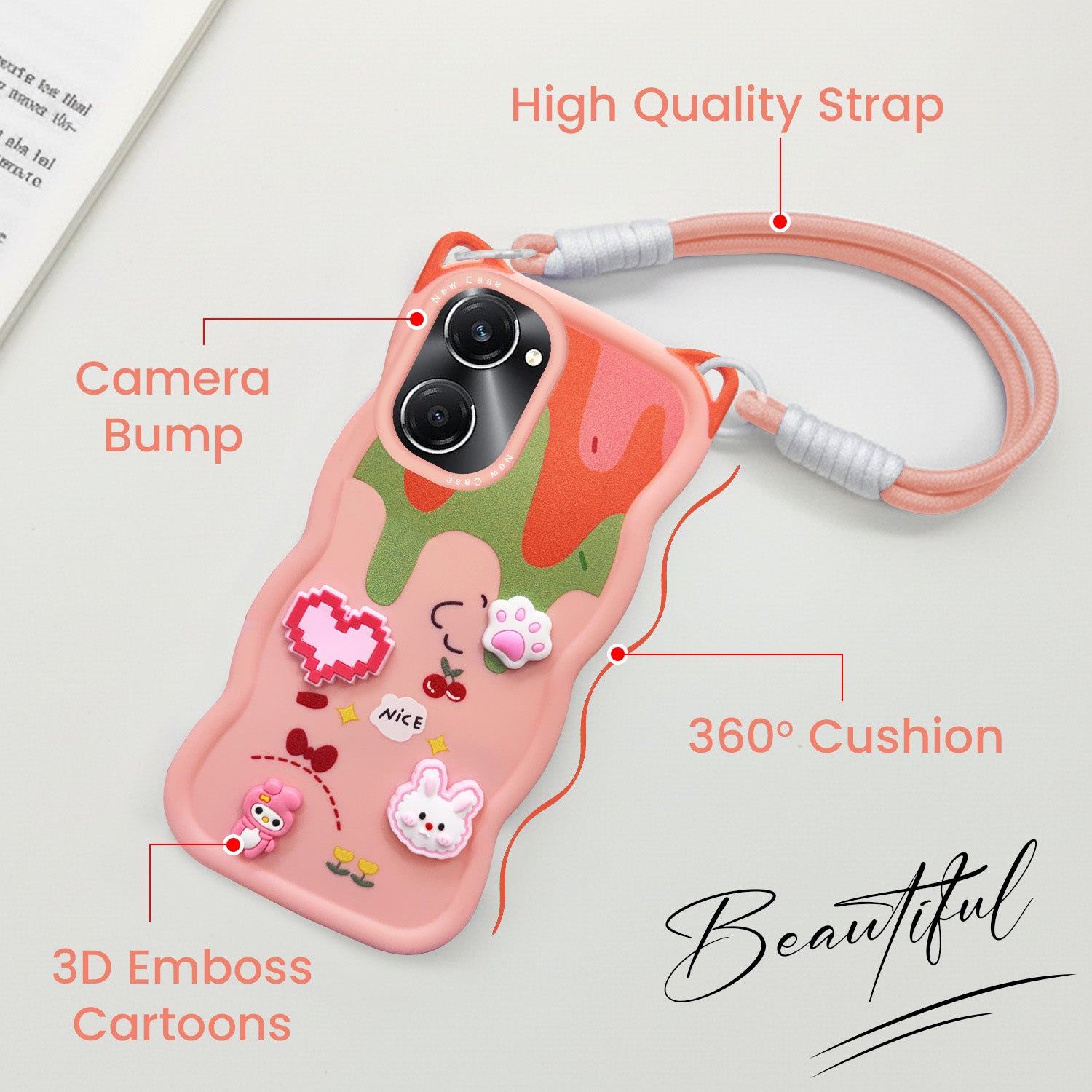 For Vivo T3 Lite 5G | Vivo Y28s 5G Back Case Cover Strap (3D embossed Figures | Strap Holder | 360* Soft Cushion with Camera Bump)