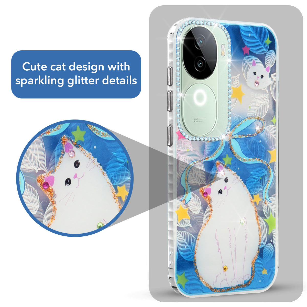 For Vivo iQOO Z9s  Back Cover Case (Luxury Floral Glitter Cute Butterfly | Diamond Studded Camera Bump | Girls & Women Design)