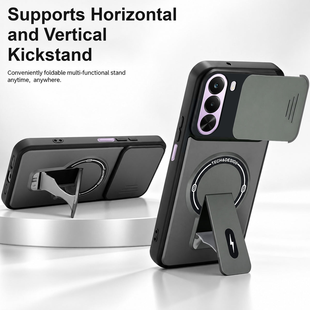 For Realme P4x Back Case Cover Metallic (Hybrid Armor Kickstand | Sliding Shutter Camera Protection | MagSafe Compatible)
