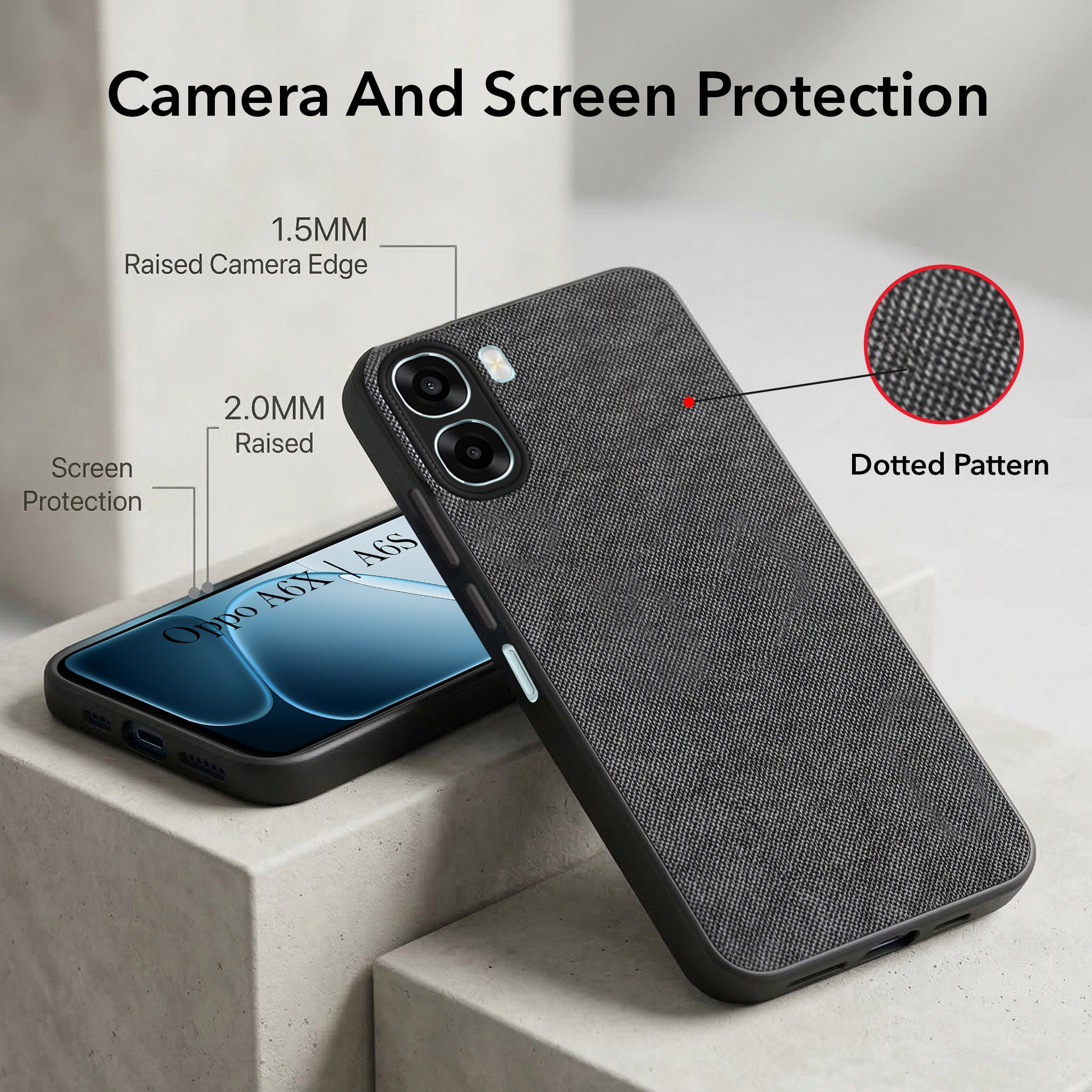 For Oppo A6X | Oppo A6S Combo with Back Cover and 9H Tempered Glass (Textured Grip Design | Micro-Fiber Cloth Inside | Oleophobic Coating Screen Glass)
