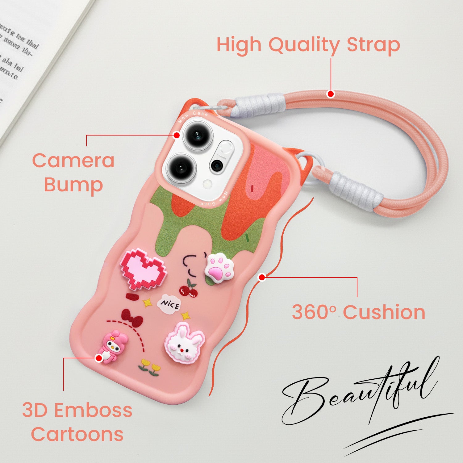 For Oppo Reno14 5G | Oppo Reno 14 5G Back Case Cover Strap (3D embossed Figures | Strap Holder | 360* Soft Cushion with Camera Bump)