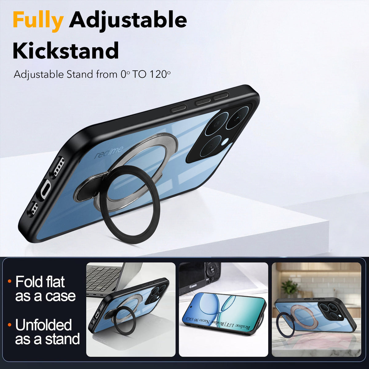 For Realme 15T | Realme Narzo 90 Back Cover Case (Kick Stand Ring Holder | Life time Anti Yellow | Camera Protection)