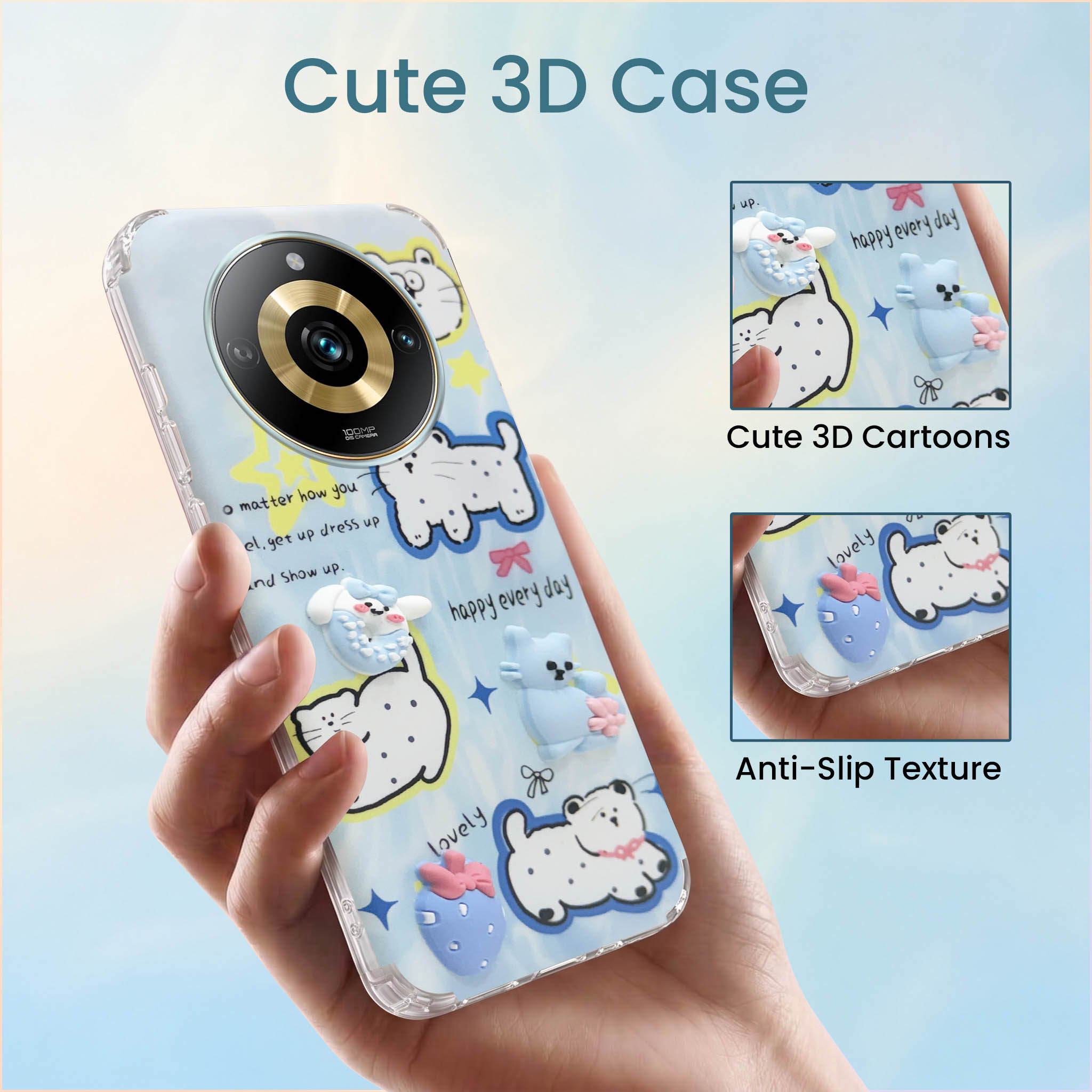 For Realme Narzo 60 Pro Back Cover Case (3D Cute Cartoons | Hard Back Side Soft | Matte Premium Finish | HD Printing)