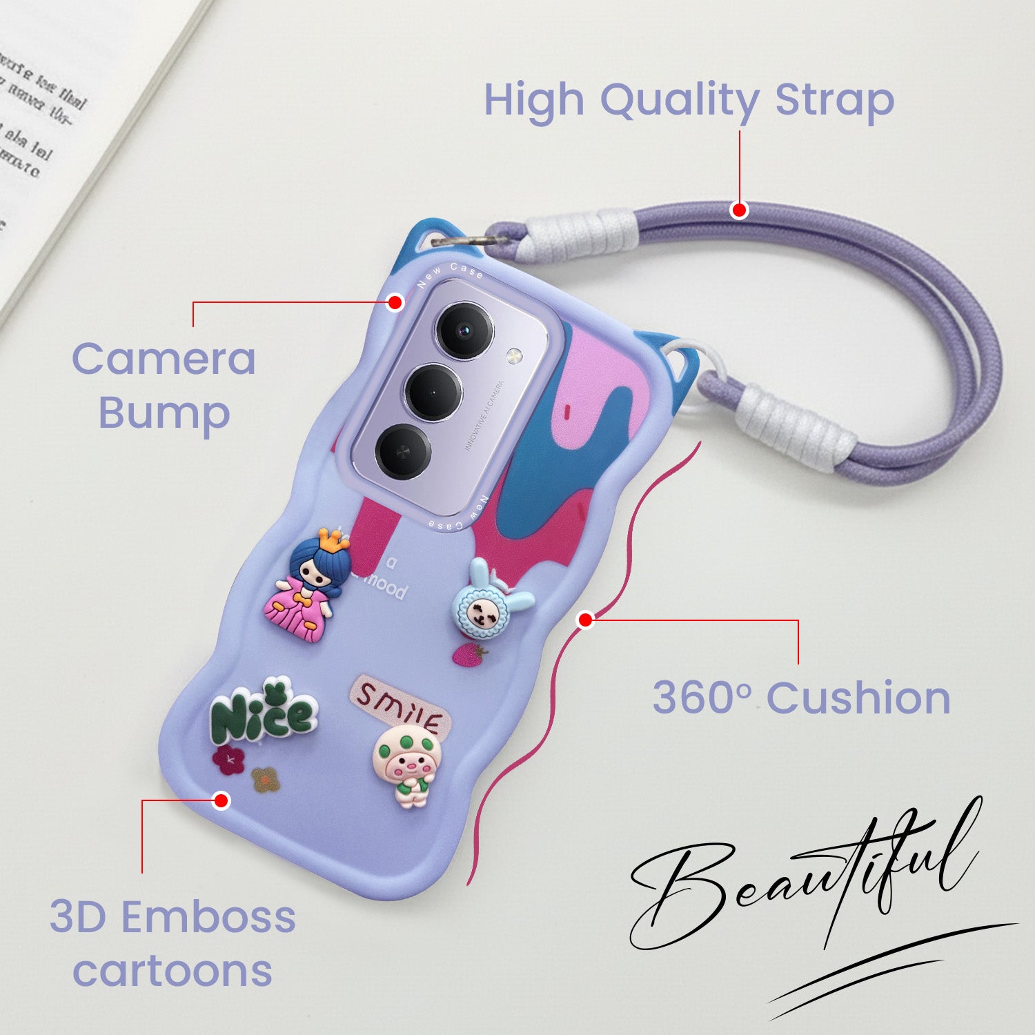 For Redmi 15 Back Case Cover Strap (3D Embossed Figures | Strap Holder | 360* Soft Cushion with Camera Bump)