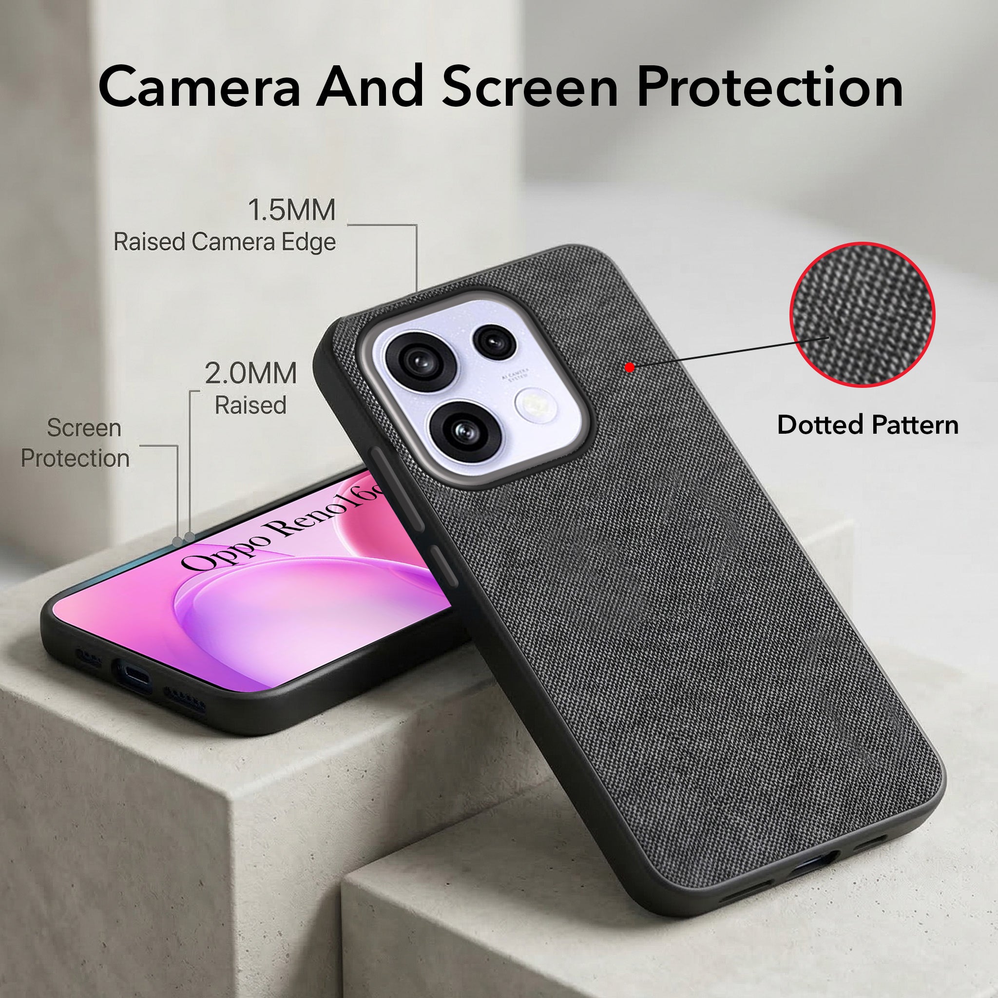 For Oppo Reno 16C 5G Combo with Back Cover and 9H Tempered Glass (Textured Grip Design | Micro-Fiber Cloth Inside | Oleophobic Coating Screen Glass)