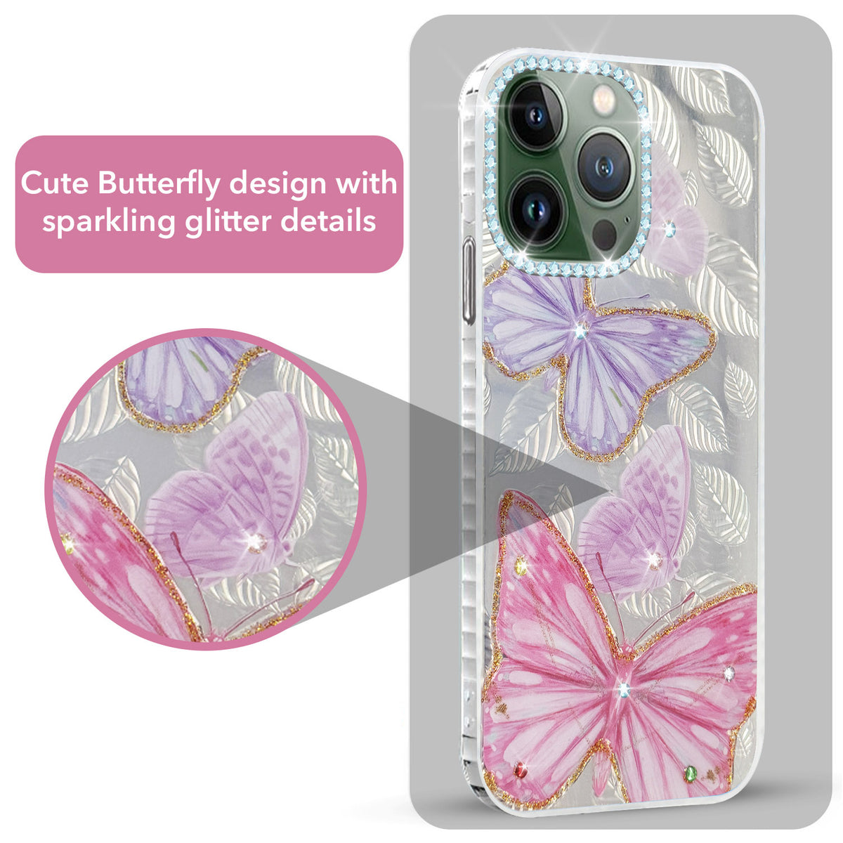 For Apple iPhone 13 Pro Back Cover Case (Luxury Floral Glitter Cute Butterfly | Diamond Studded Camera Bump | Girls & Women Design)