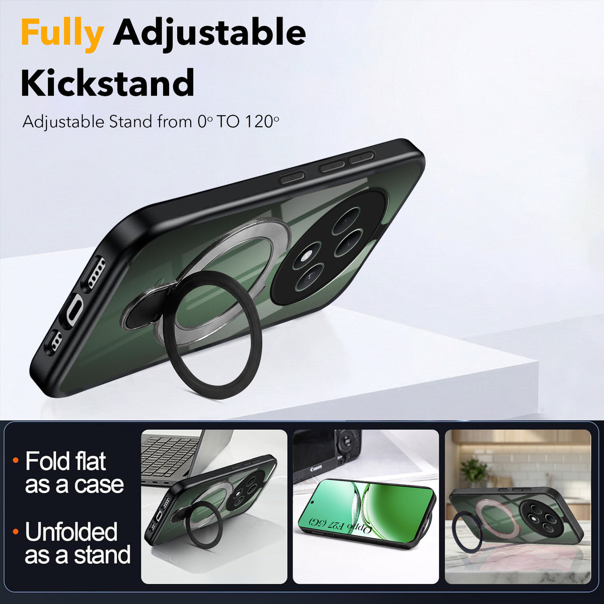 For Oppo F27 5G Back Cover Case (Kick Stand Ring Holder | Life time Anti Yellow | Camera Protection)