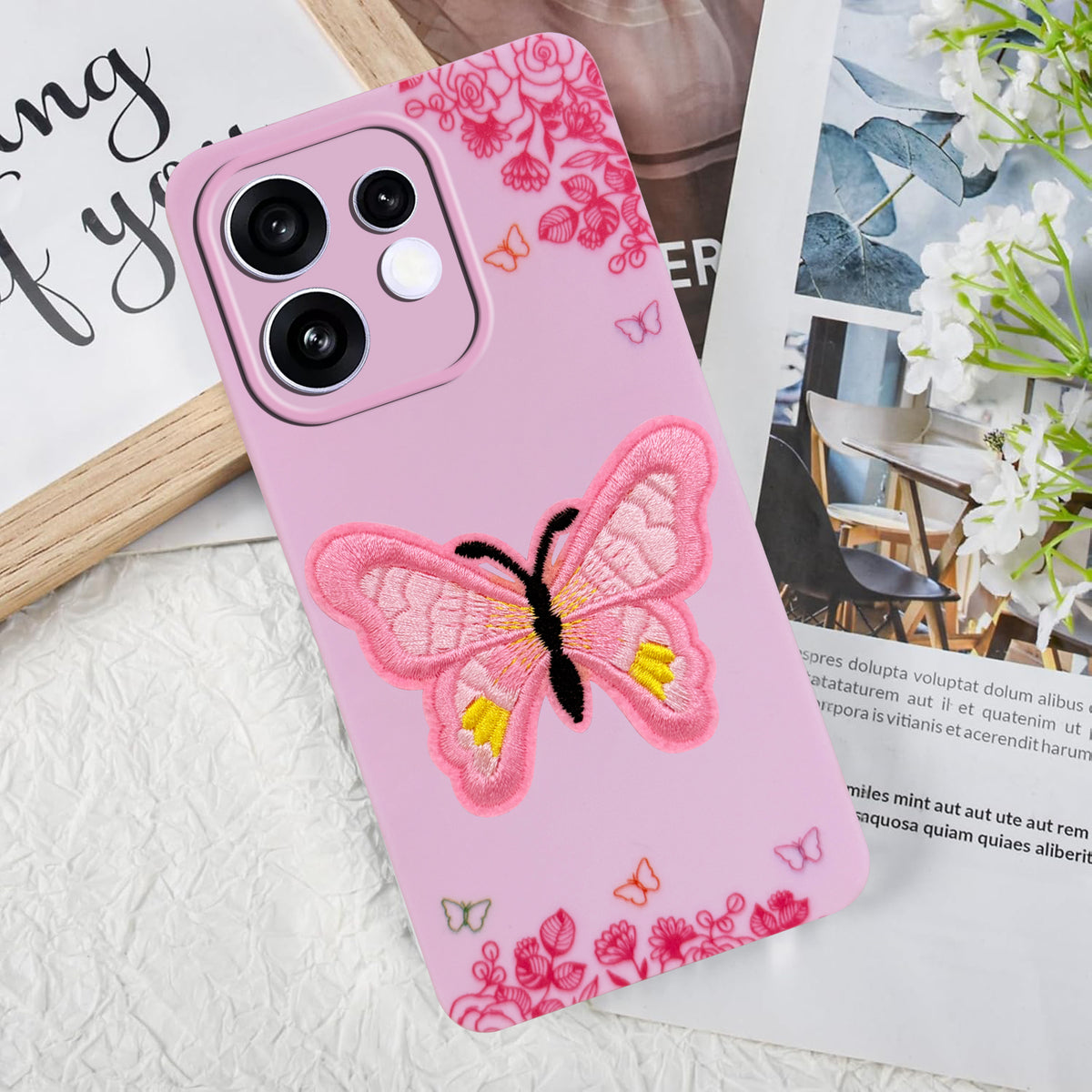 For Oppo Reno 16 Back Cover Case (Soft Butterfly Embroidery | Women Teen Girls | Camera Protection| Matte Silicone)