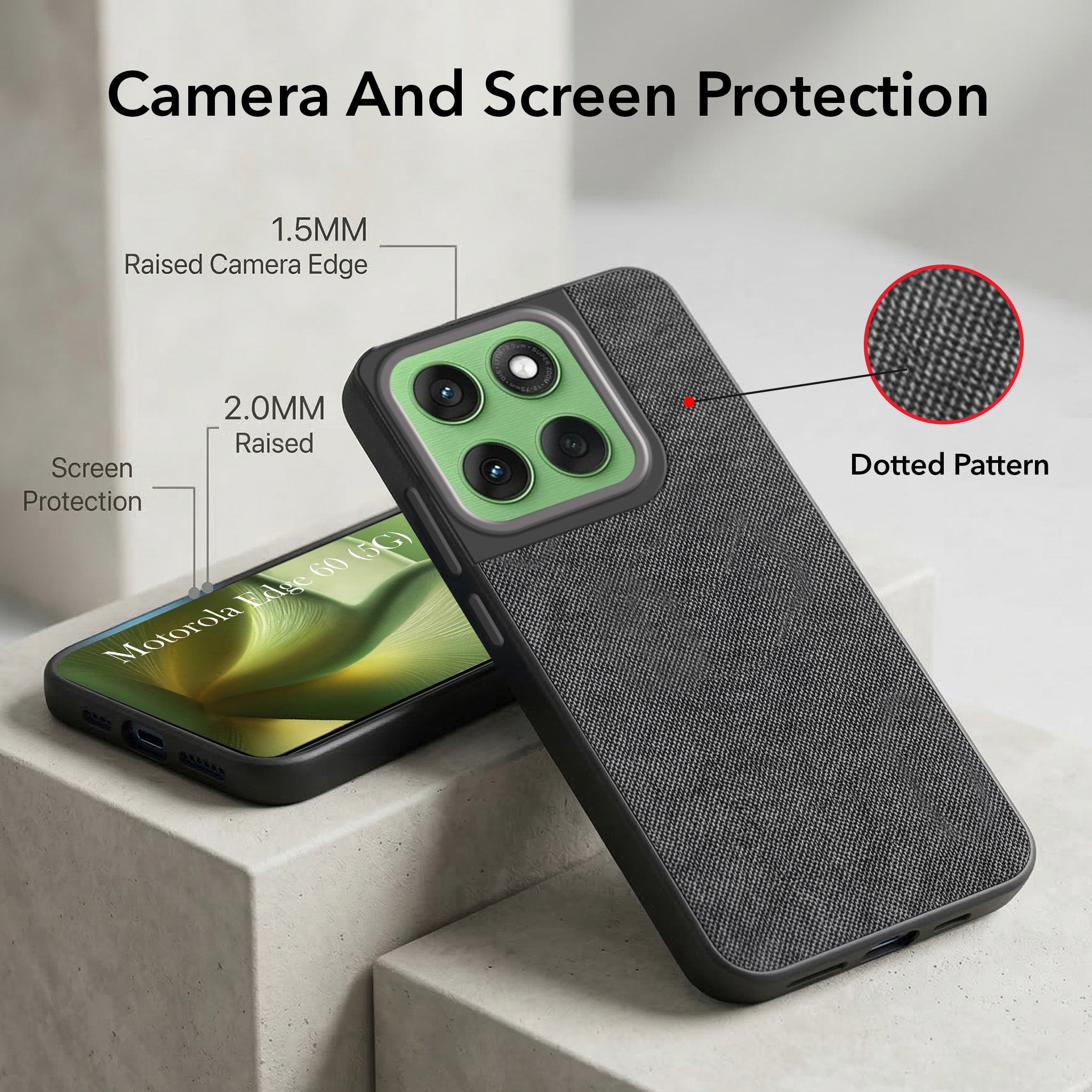 For Motorola Moto Edge 60 Combo with Back Cover and 9H Tempered Glass (Textured Grip Design | Micro-Fiber Cloth Inside | Oleophobic Coating Screen Glass)