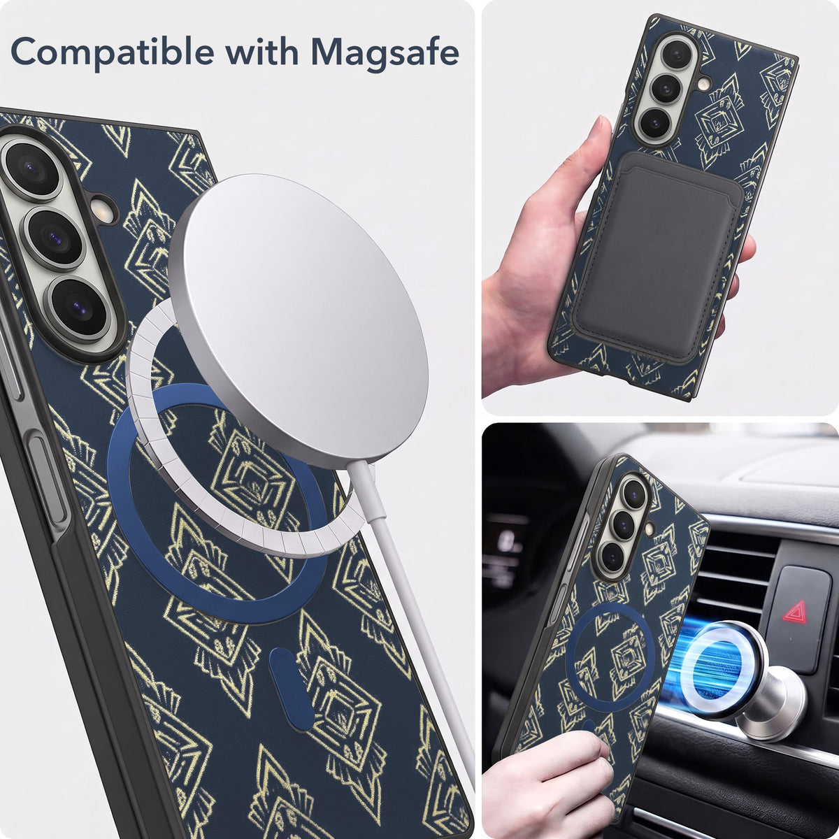 For Samsung Galaxy Z Fold 7 Back Cover Case Premium Magnetic (MagSafe Compatible | 180° Folding Design | Geometric Gold Pattern | Soft Microfiber Inner Lining)