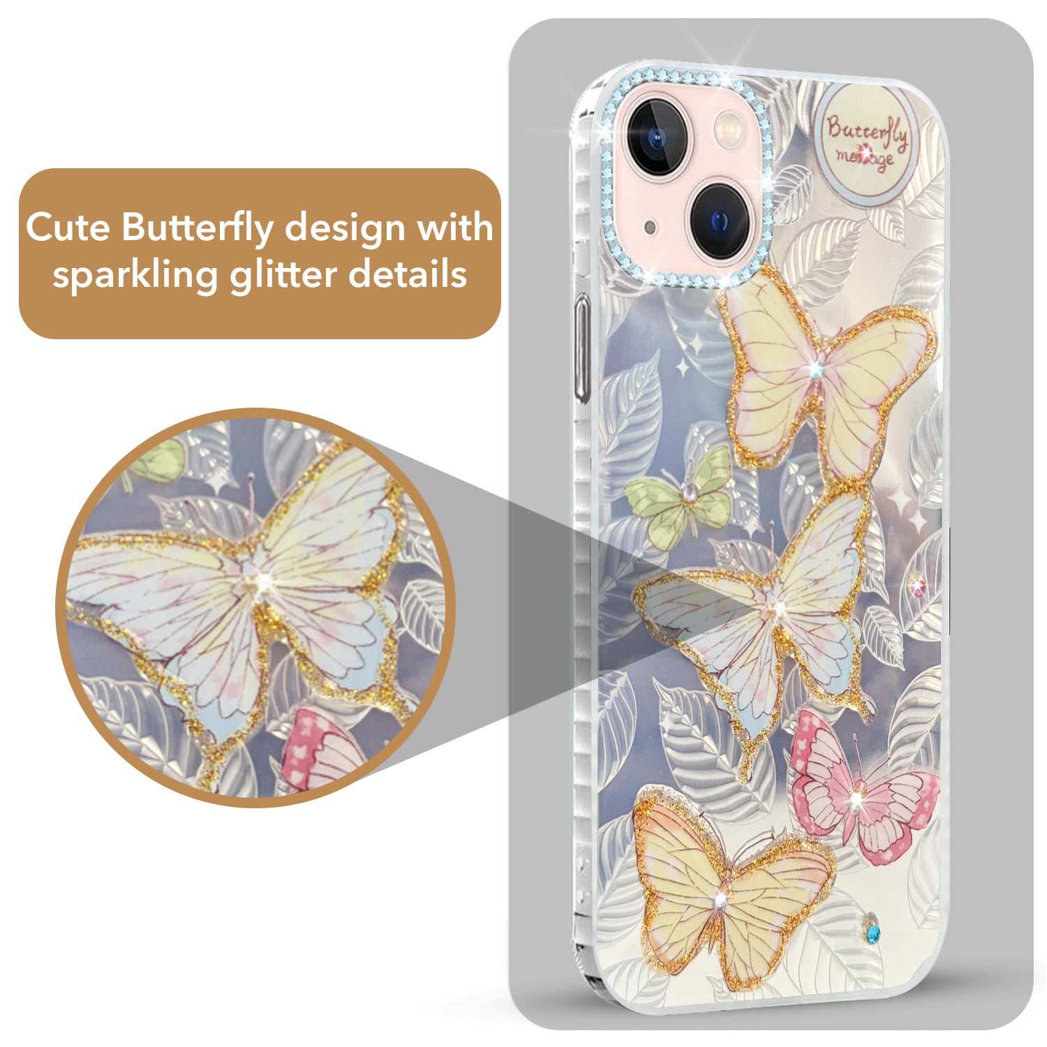 For Apple iPhone 14 Plus Back Cover Case (Luxury Floral Glitter Cute Butterfly | Diamond Studded Camera Bump | Girls & Women Design)
