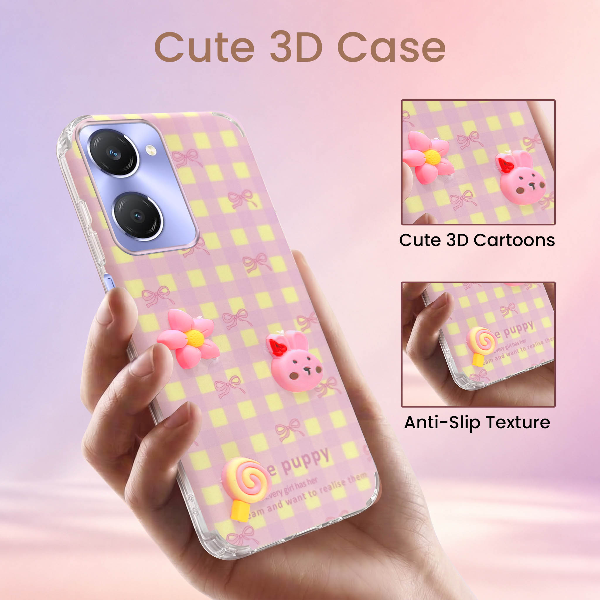 For Vivo Y28s 5G | Vivo T3 Lite 5G Back Cover Case (3D Cute Cartoons | Hard Back Side Soft | Matte Premium Finish | HD Printing)