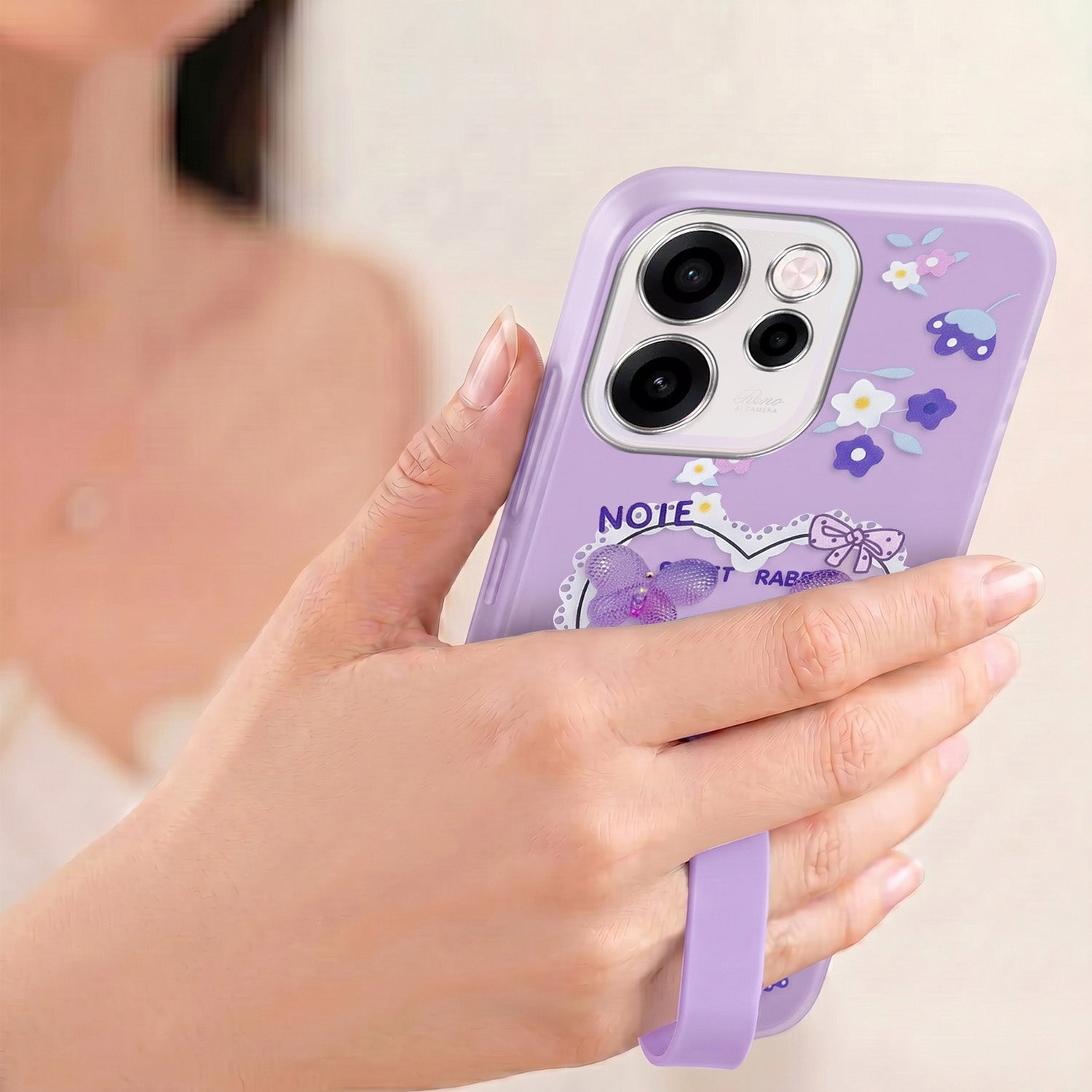 For Oppo Reno 15c Back Cover Case (3D Cute Heart Strap Holder | Camera Protection | Designer Girls Print)
