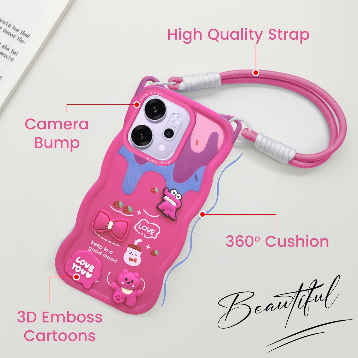 For Oppo Reno14 Pro 5G | Oppo Reno 14 Pro 5G Back Case Cover Strap (3D embossed Figures | Strap Holder | 360* Soft Cushion with Camera Bump)