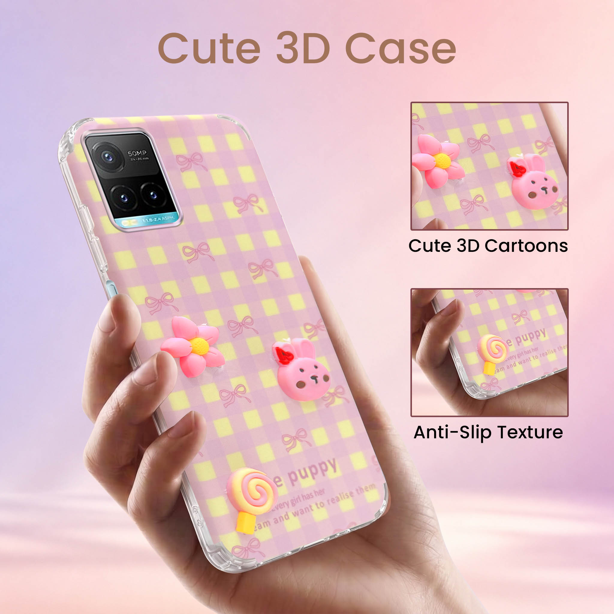 For Vivo Y33s Back Cover Case (3D Cute Cartoons | Hard Back Side Soft | Matte Premium Finish | HD Printing)