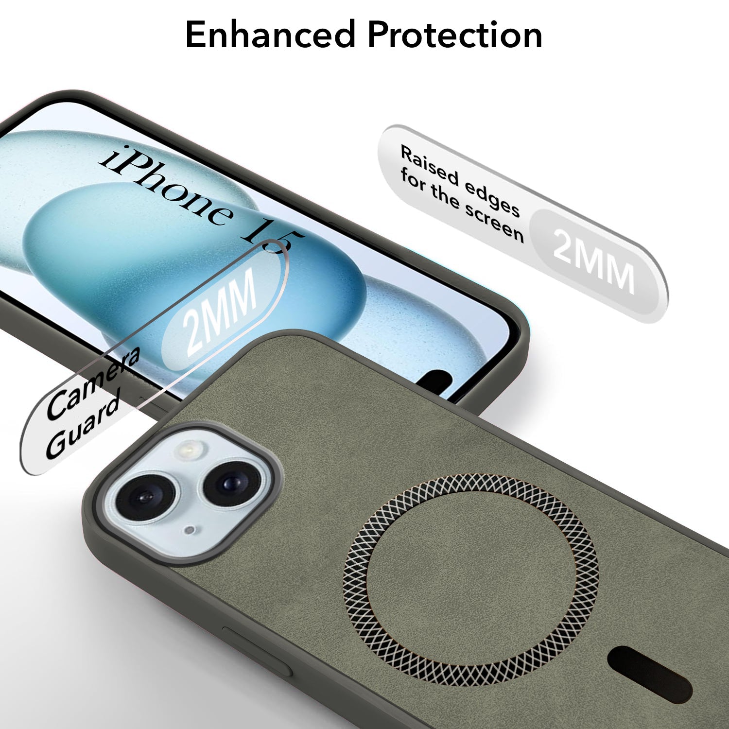 For Apple iPhone 15 Back Cover Case Leather Finish (MagSafe Compatible Wireless Charging | Soft Touch | Camera Bump Protection)