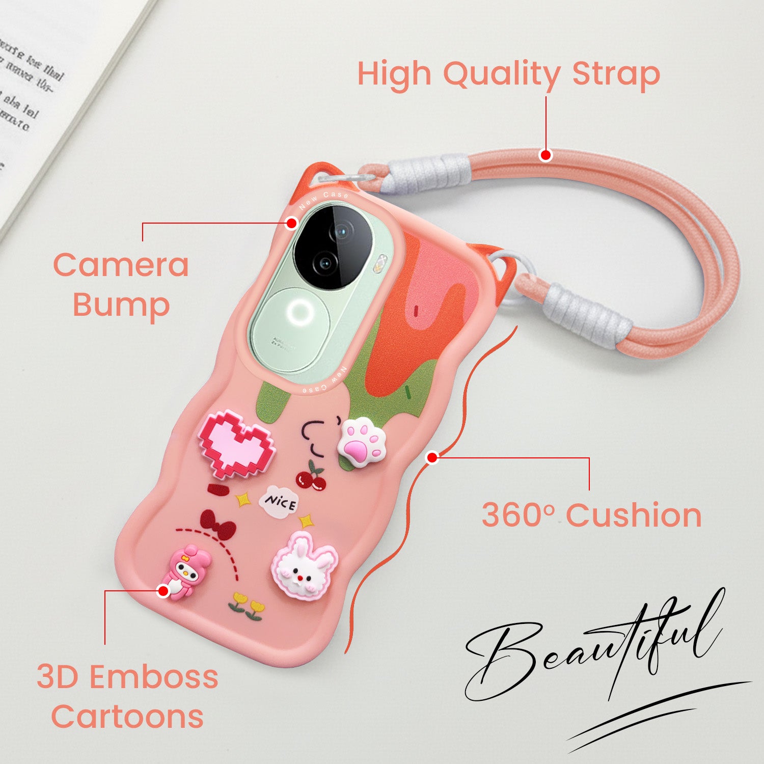 For Vivo iQOO Z9s Back Case Cover Strap (3D embossed Figures | Strap Holder | 360* Soft Cushion with Camera Bump)
