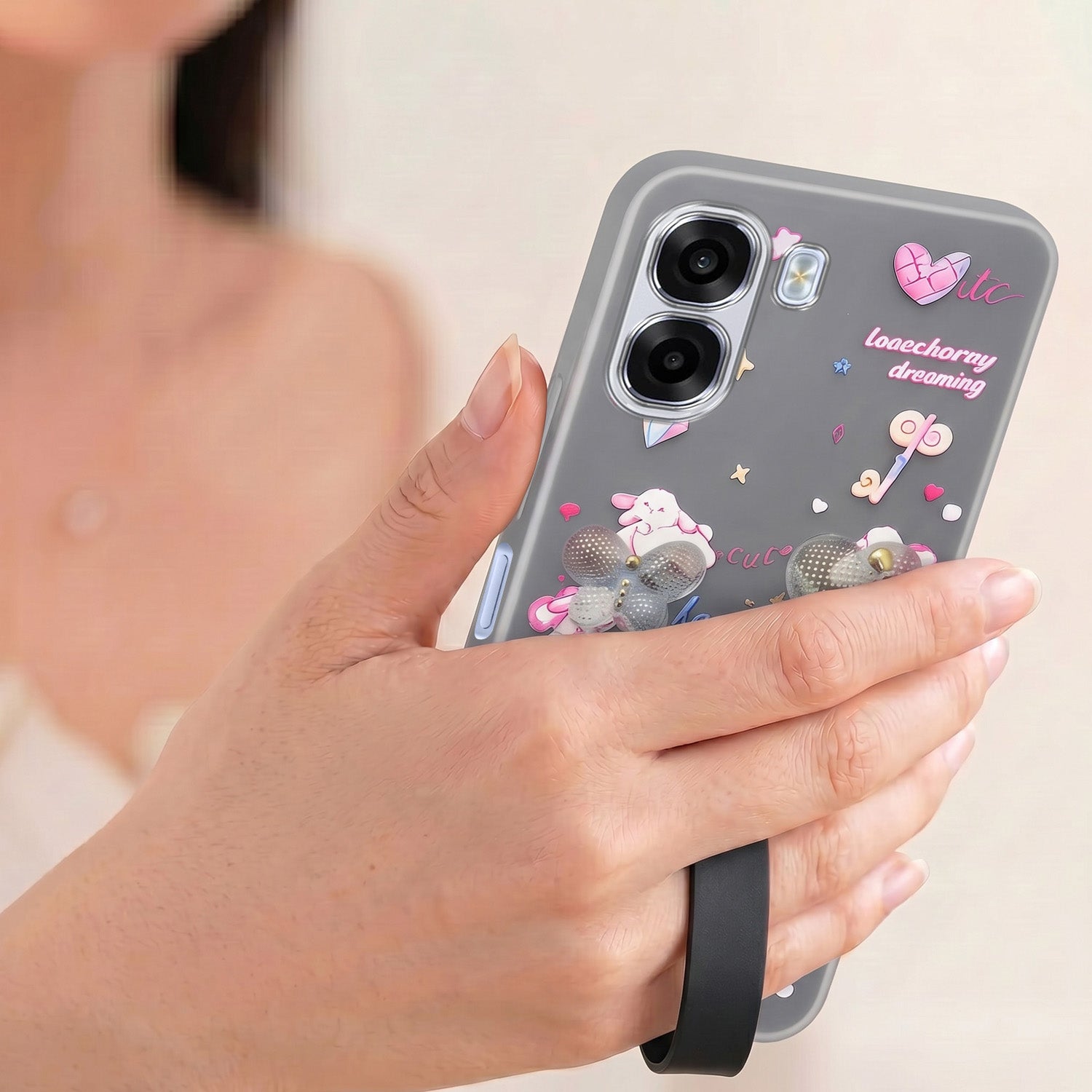 For Oppo K14x 5G Back Cover Case (3D Cute Heart Strap Holder | Camera Protection | Designer Girls Print)