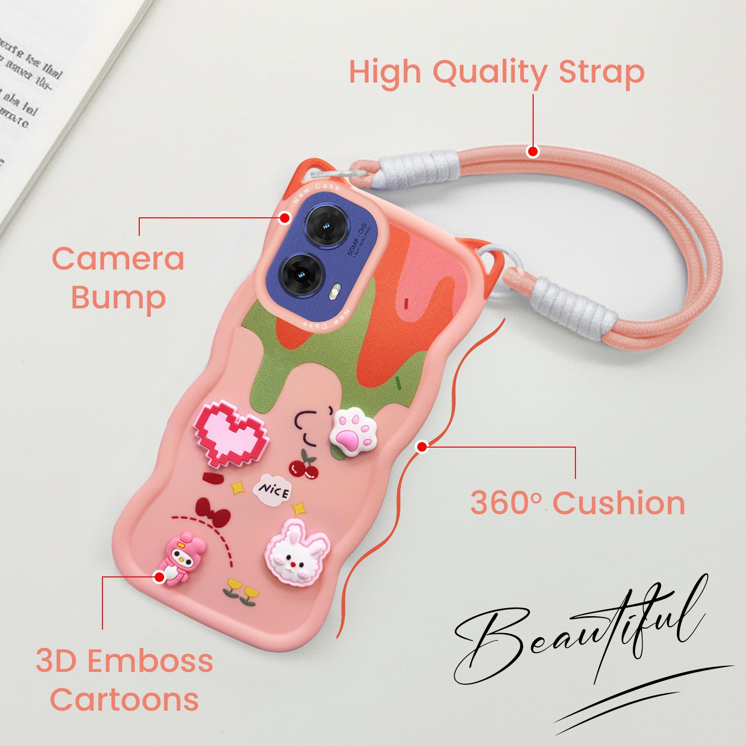For Motorola Moto G85 5G Back Case Cover Strap(3D embossed Figures | Strap Holder | 360* Soft Cushion with Camera Bump)
