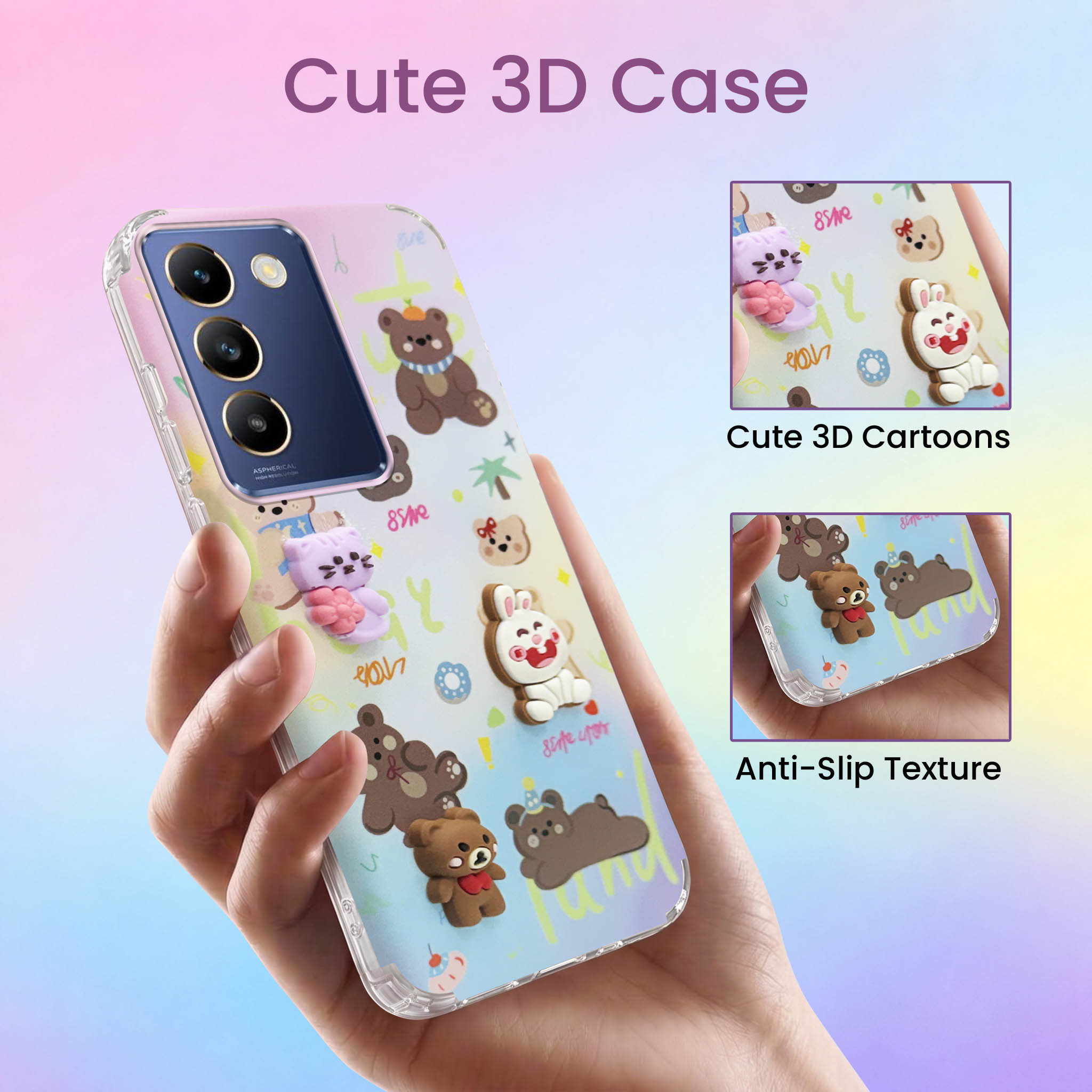 For Vivo T3 5G Back Cover Case (3D Cute Cartoons | Hard Back Side Soft | Matte Premium Finish | HD Printing)