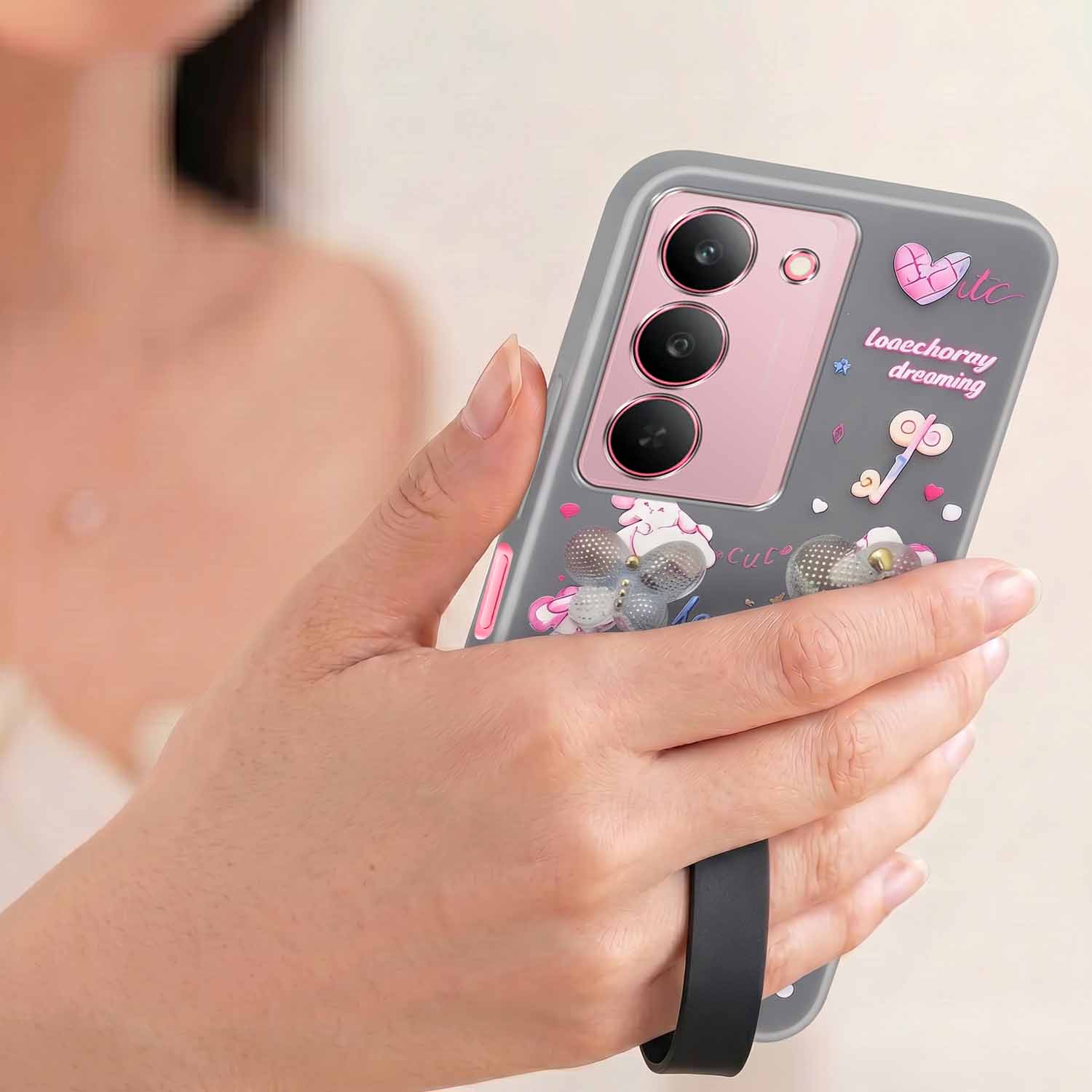 For Realme 14X Back Cover Case (3D Cute Heart Strap Holder | Camera Protection | Designer Girls Print)