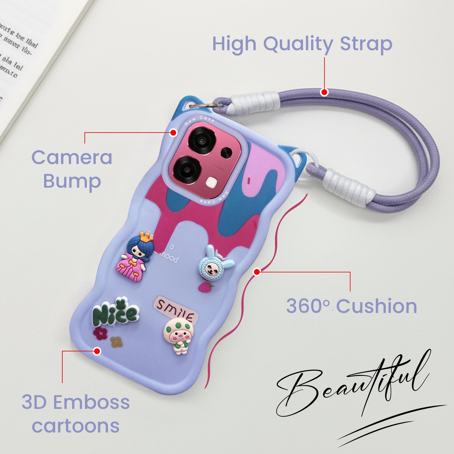 For Oppo F31 5G | Oppo F33 5G Back Case Cover Strap (3D embossed Figures | Strap Holder | 360* Soft Cushion with Camera Bump)
