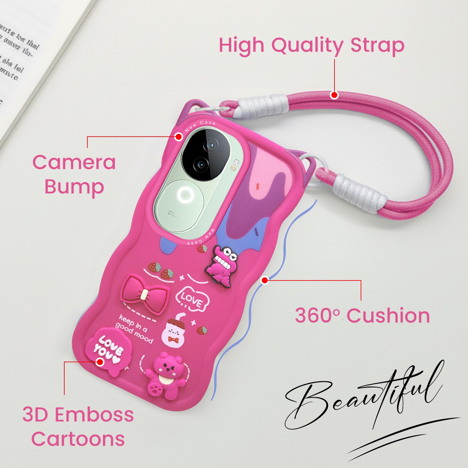For Vivo iQOO Z9s Back Case Cover Strap (3D embossed Figures | Strap Holder | 360* Soft Cushion with Camera Bump)