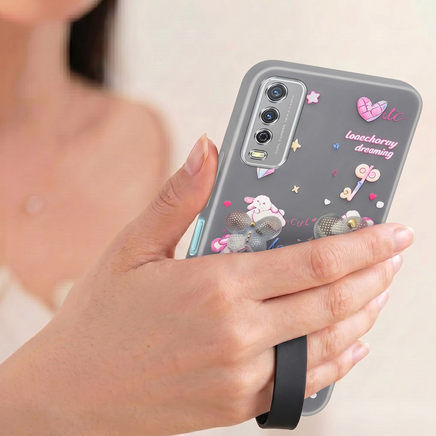For Vivo Y12s | Y11s | Y12G Back Cover Case (3D Cute Heart Strap Holder | Camera Protection | Designer Girls Print)