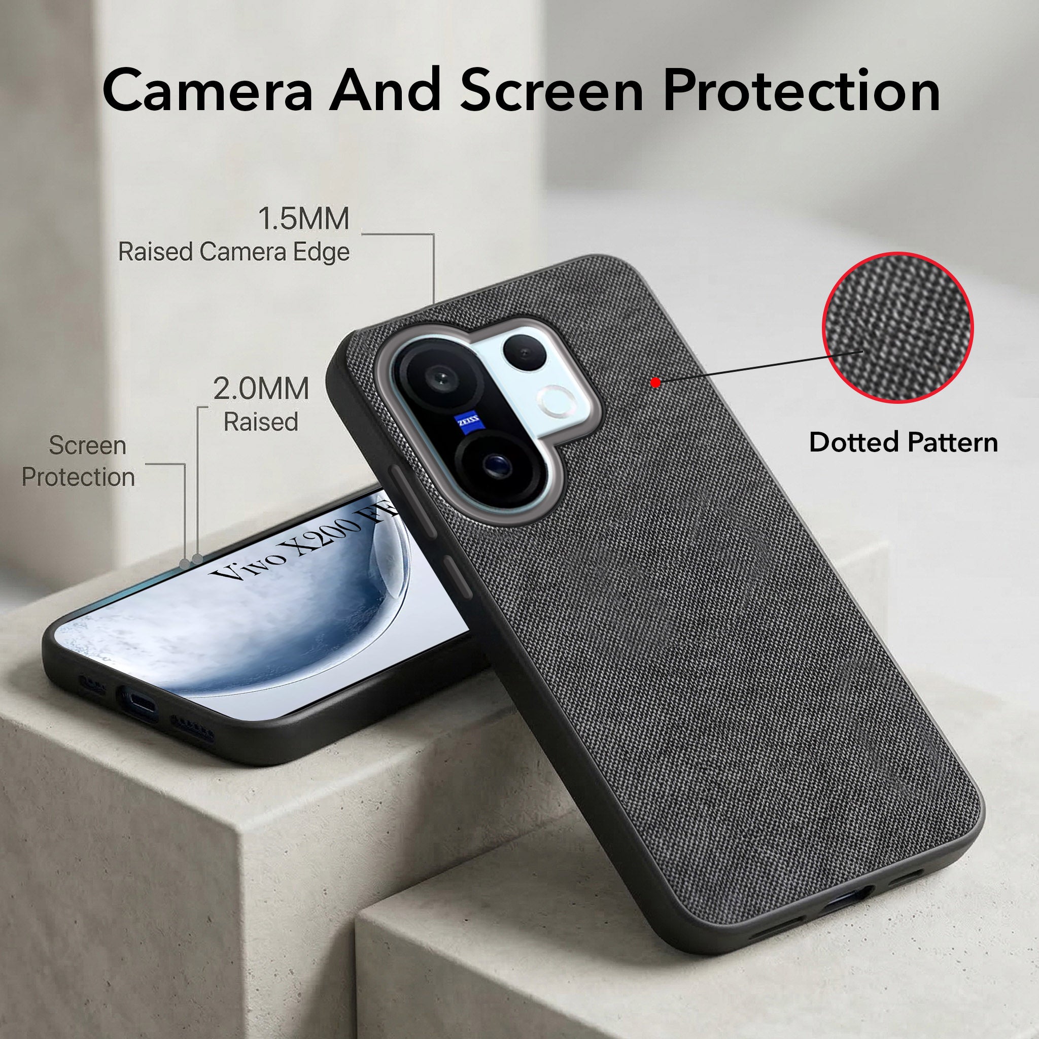 For Vivo X200 FE Combo with Back Cover and 9H Tempered Glass (Textured Grip Design | Micro-Fiber Cloth Inside | Oleophobic Coating Screen Glass)