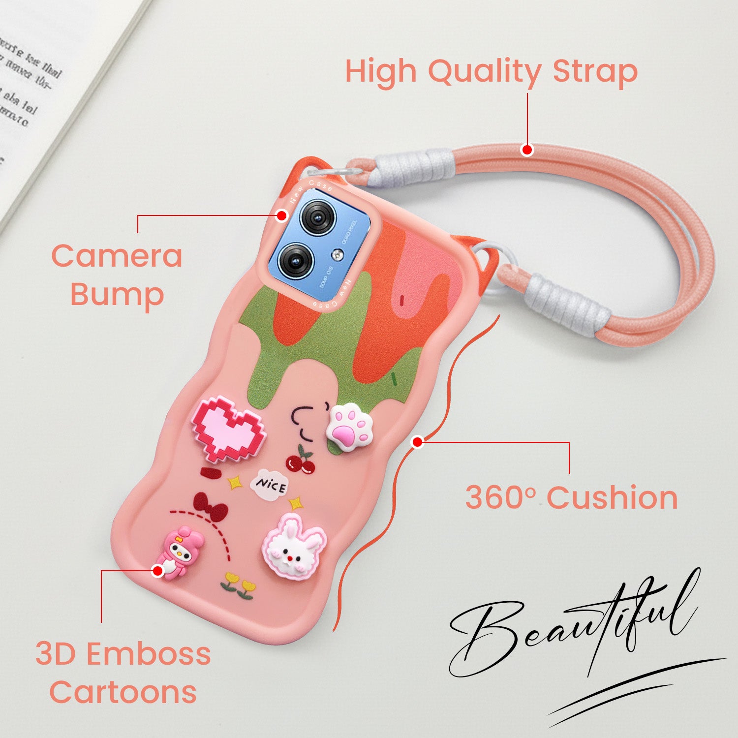 For Motorola Moto G64 5G Back Case Cover Strap (3D embossed Figures | Strap Holder | 360* Soft Cushion with Camera Bump)