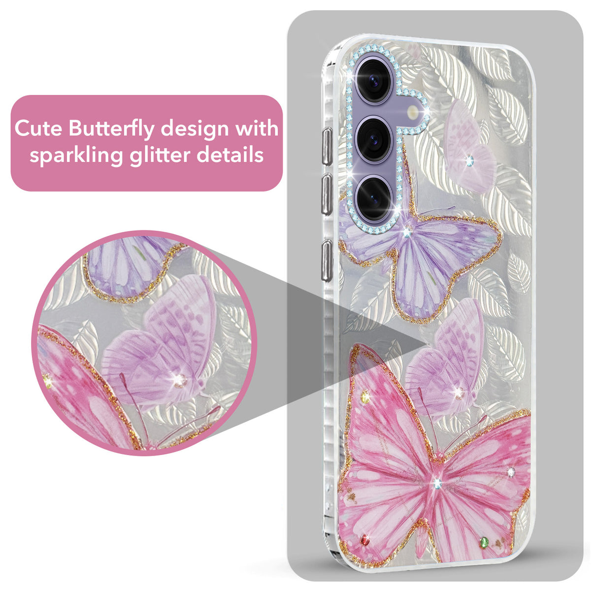 For Samsung Galaxy S24 Back Cover Case (Luxury Floral Glitter Cute Butterfly | Diamond Studded Camera Bump | Girls & Women Design)