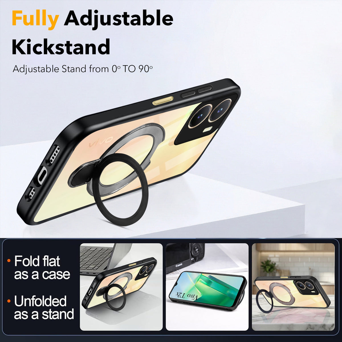 For Vivo T2x Back Cover Case (Kick Stand Ring Holder | Life time Anti Yellow | Camera Protection)