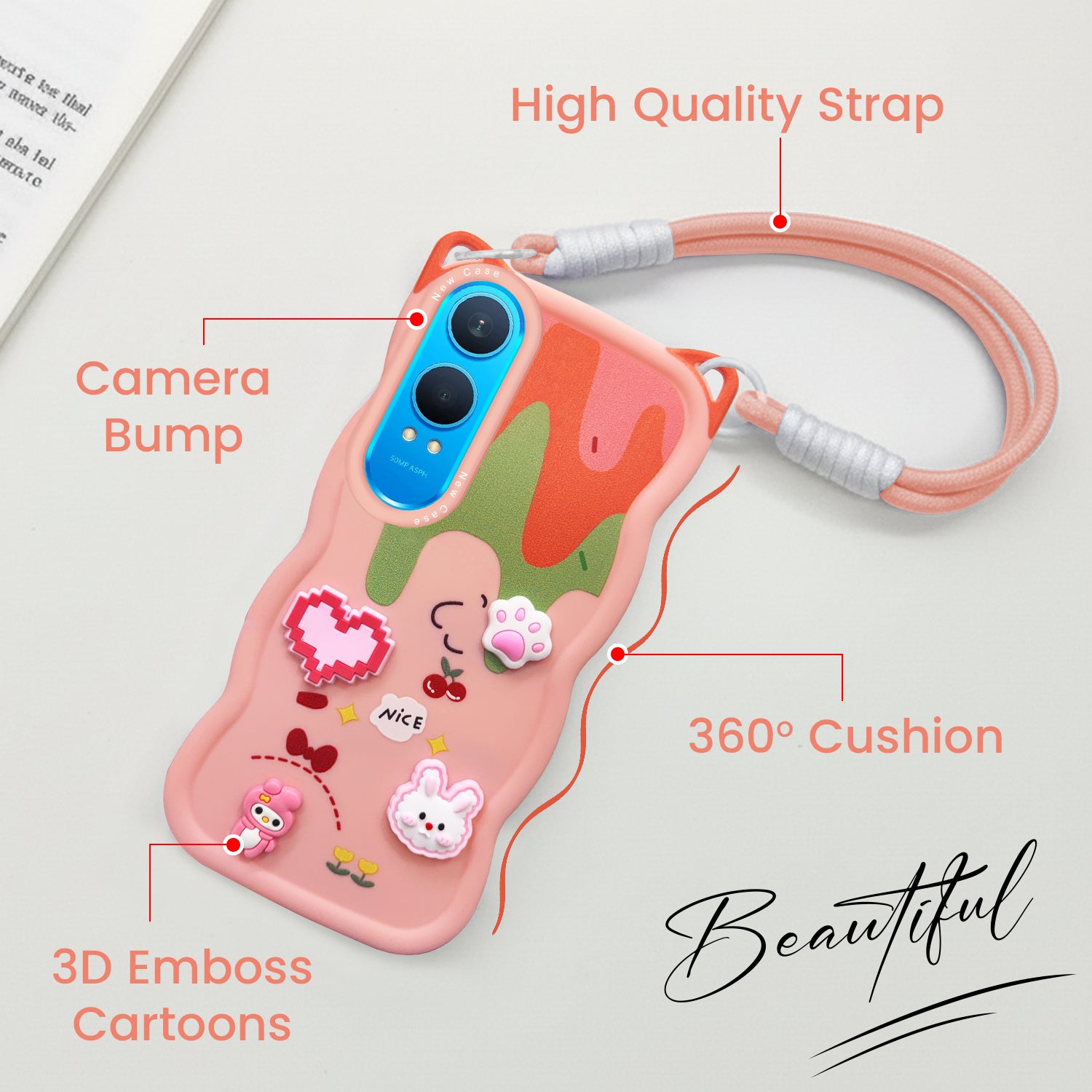 For OnePlus Nord CE 4 Lite Back Case Cover Strap (3D embossed Figures | Strap Holder | 360* Soft Cushion with Camera Bump)